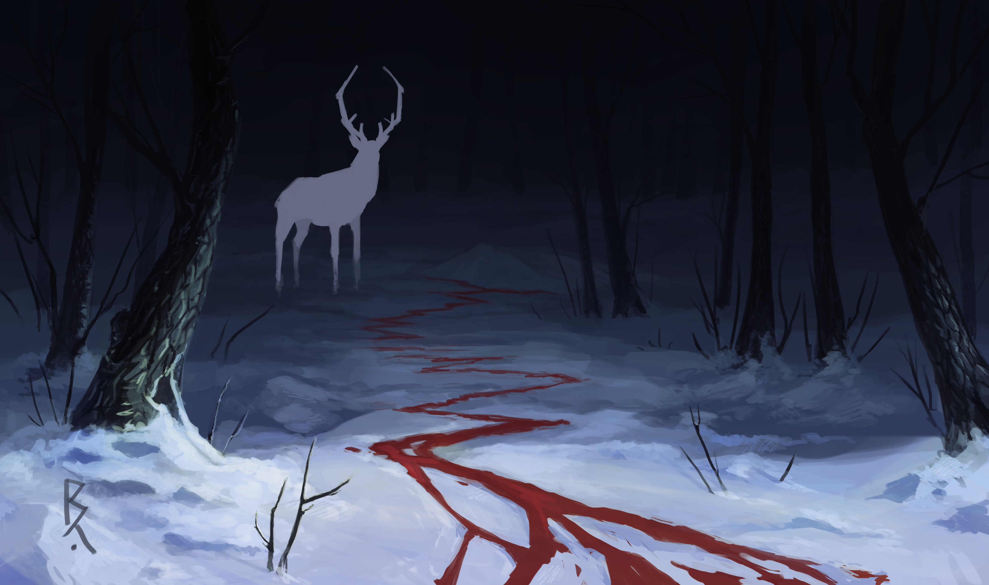 General 3292x1950 fantasy art deer blood forest dark snow DeviantArt animals artwork digital art