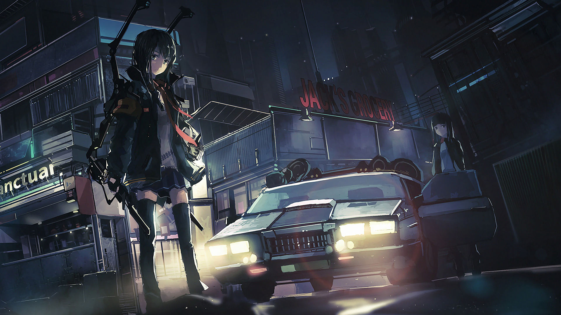 Anime 1920x1080 original characters police cars anime anime girls city standing two women dark hair looking at viewer vehicle