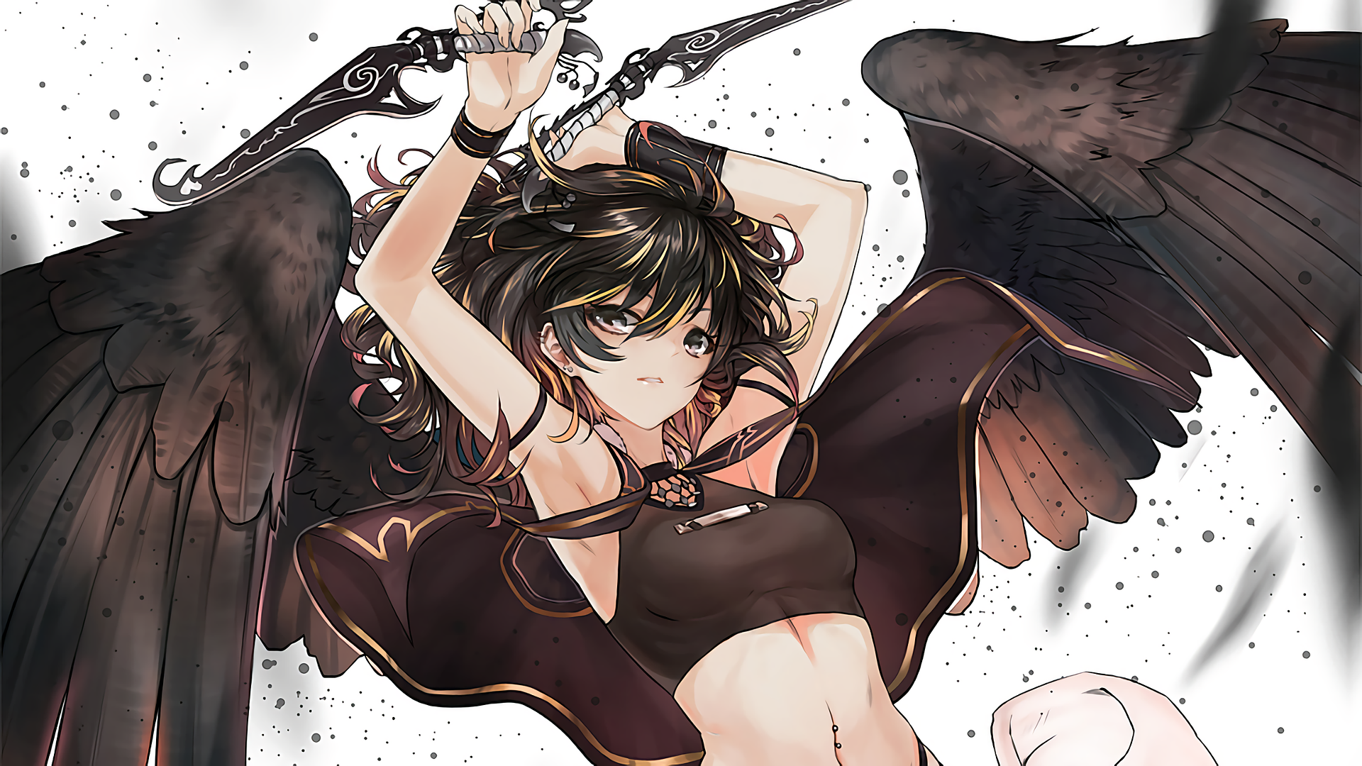 Anime 1920x1080 anime anime girls wings original characters dagger fantasy art fantasy girl belly dark hair