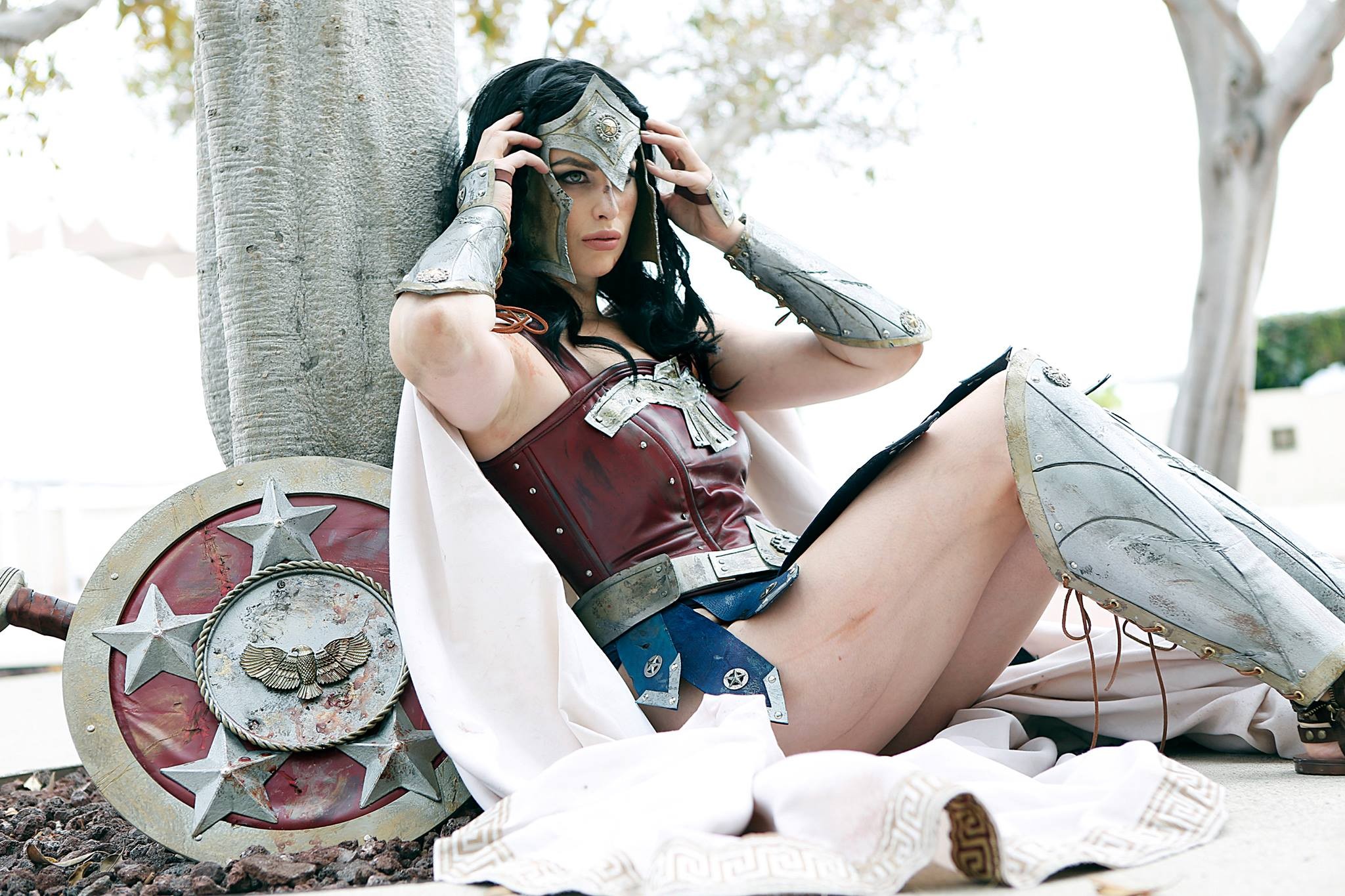 People 2048x1365 women cosplay Wonder Woman fantasy girl warrior model armored shield trees legs women outdoors outdoors