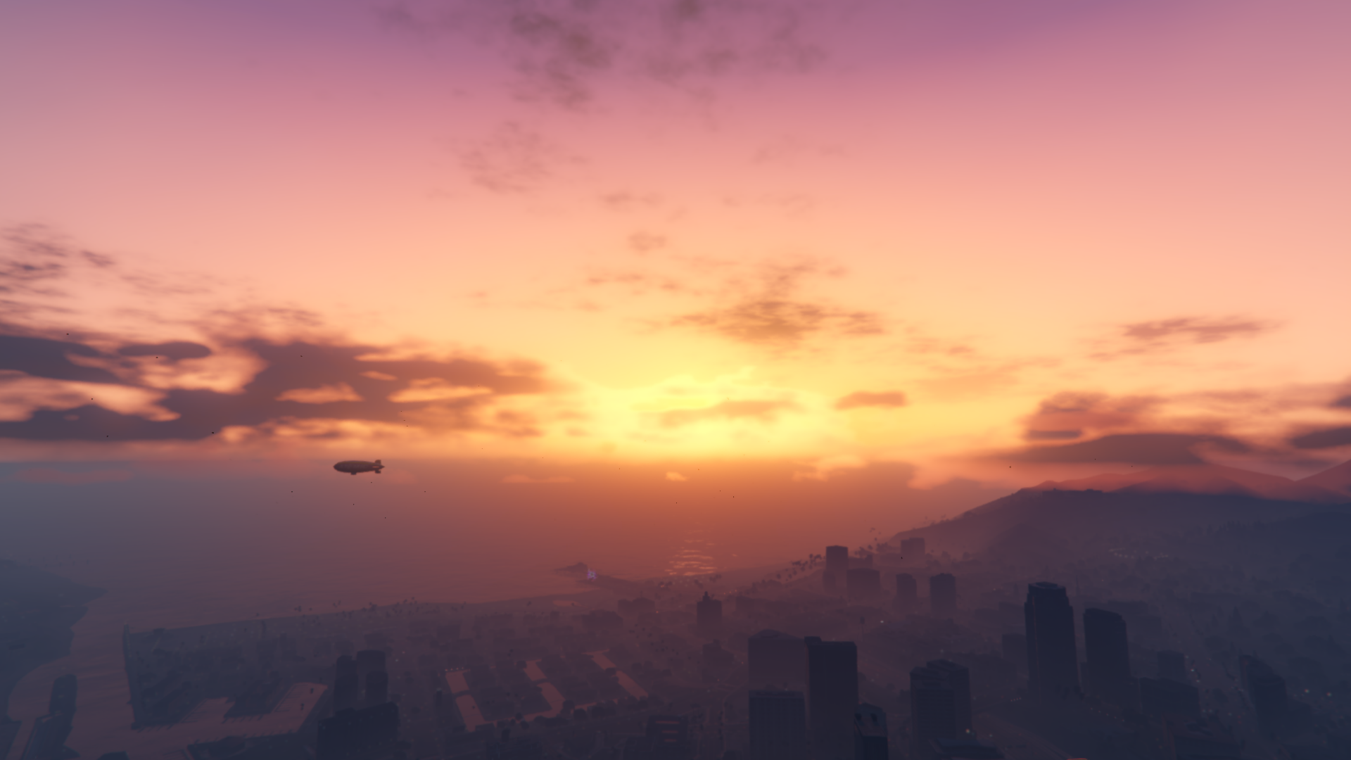 General 1920x1080 Grand Theft Auto V sunset sea city clouds video games video game landscape screen shot PC gaming orange sky sunlight