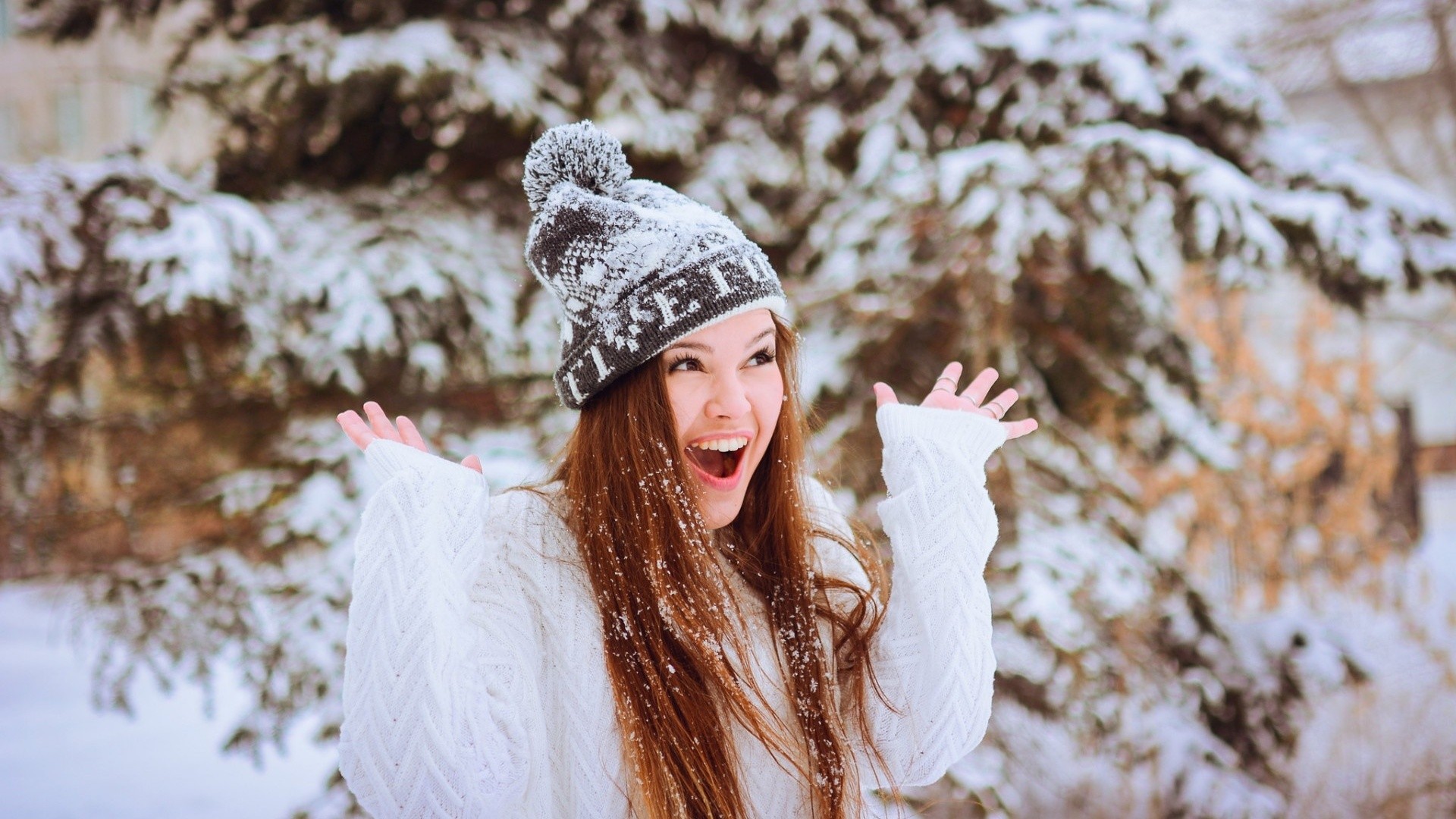 People 1920x1080 women model redhead long hair women outdoors hat open mouth winter snow pine trees sweater looking up screaming white sweater wool cap happy white clothing young women