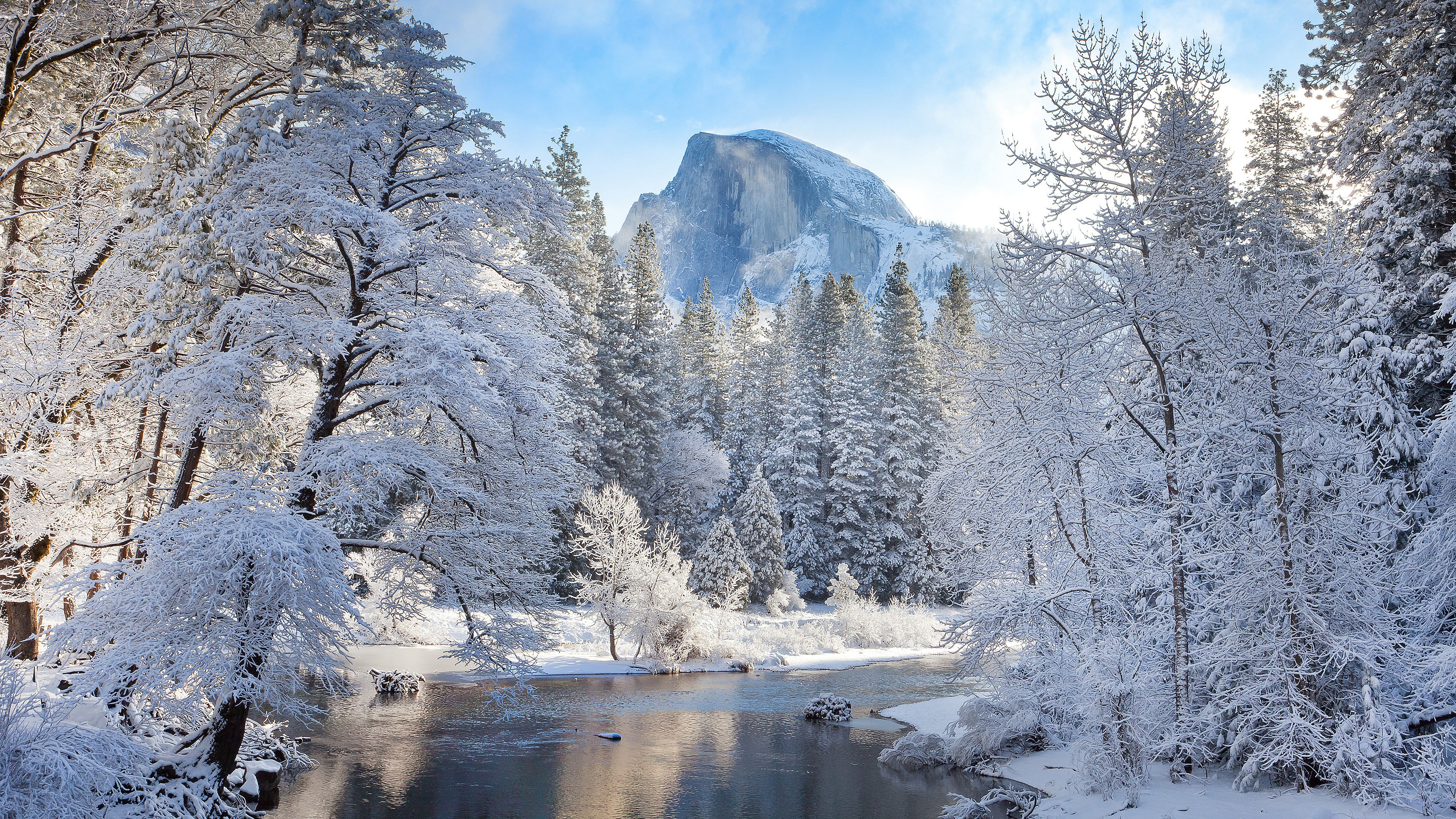 General 3840x2160 landscape nature winter river mountains snowy peak snow frost sky pine trees daylight cold