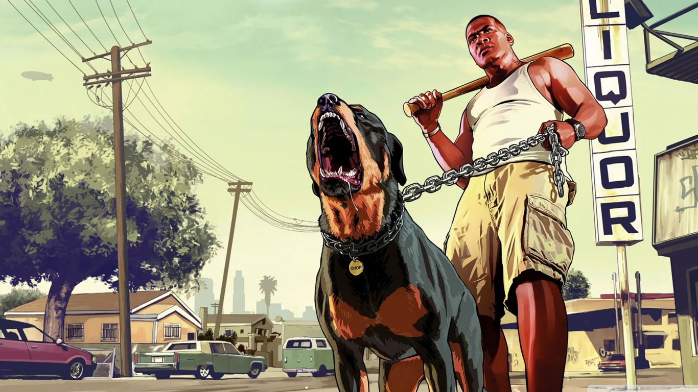 General 1366x768 Rottweiler video games Grand Theft Auto V dog baseball bat PC gaming Rockstar Games video game art video game characters