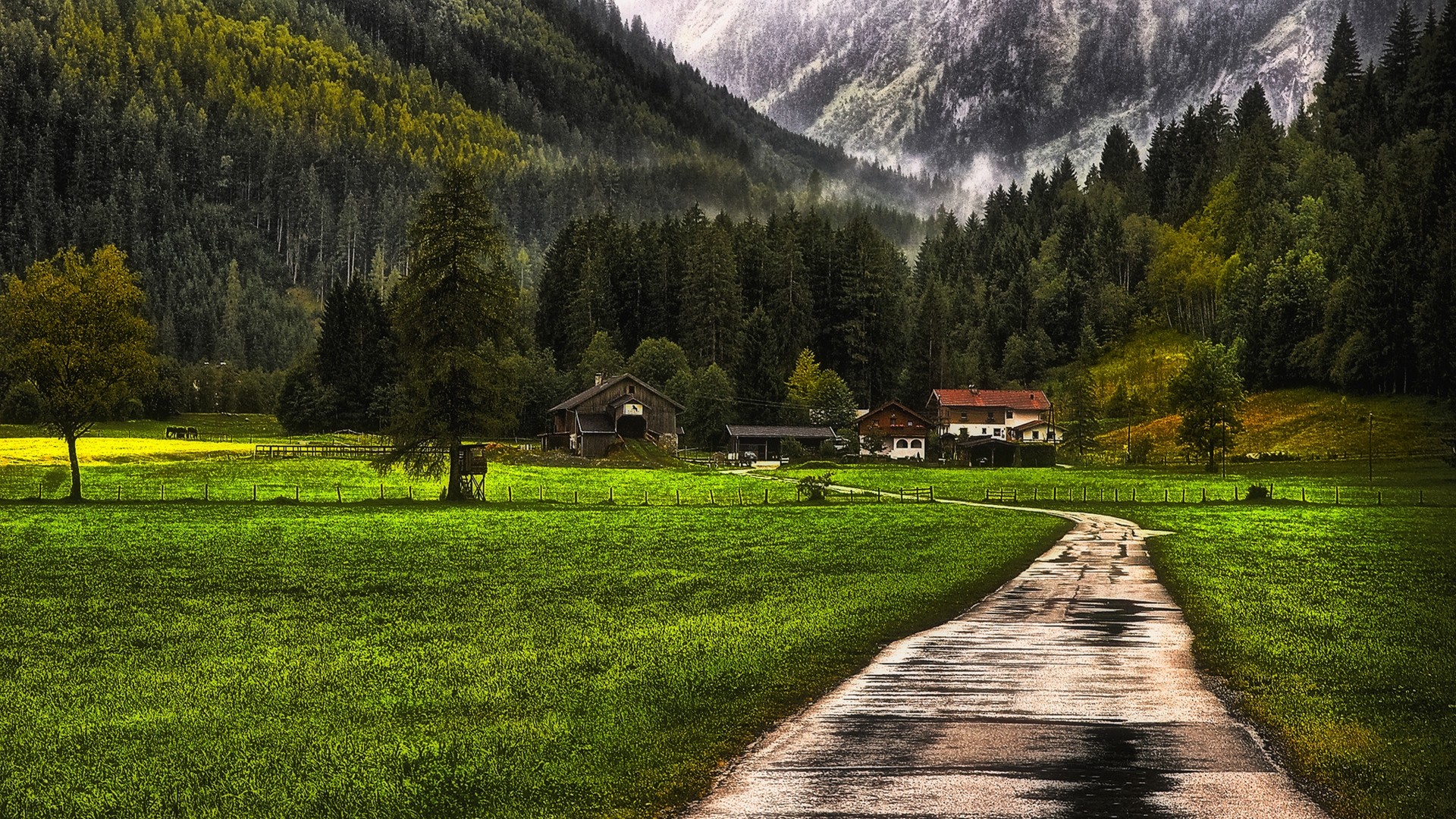 General 1920x1080 nature landscape mountains forest farm grass snow fence mist trees barns dirt road path
