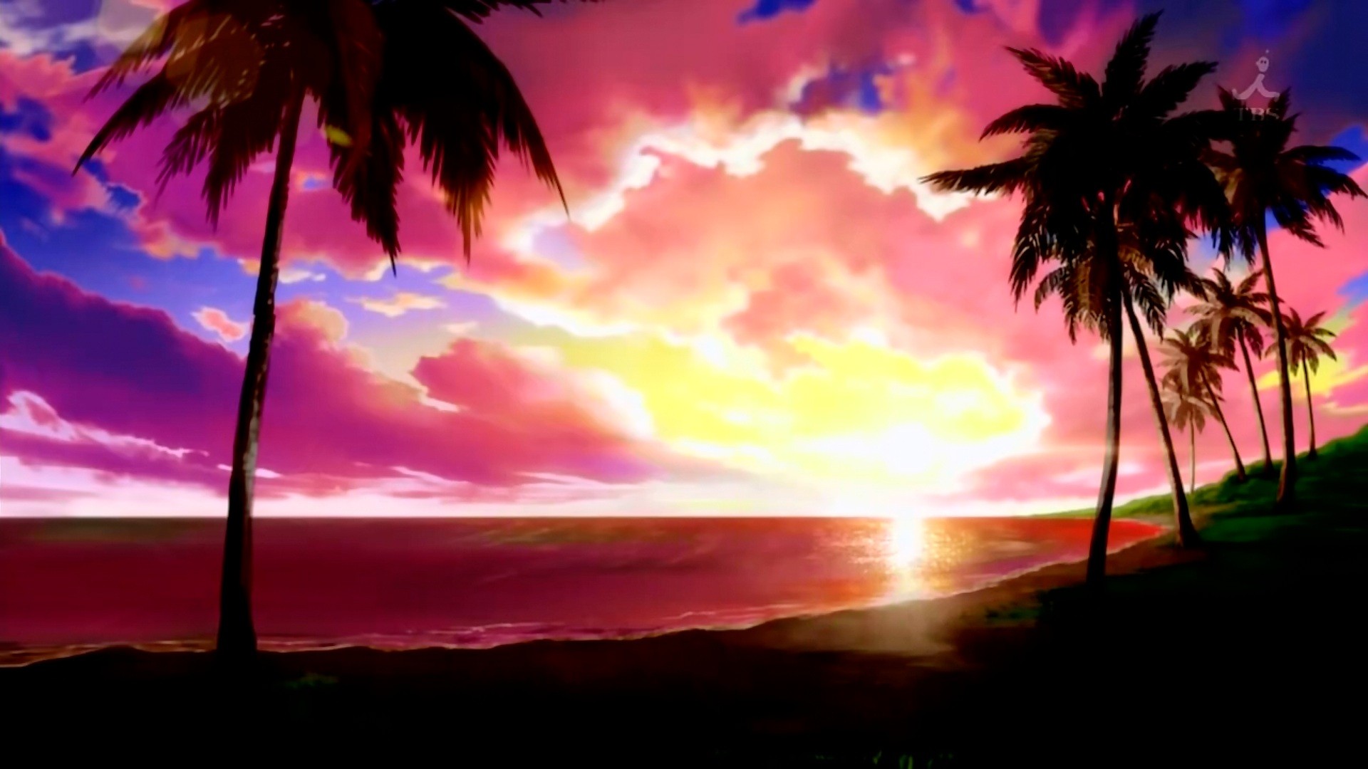 Anime 1920x1080 anime scenery palm trees beach sky colorful Sun