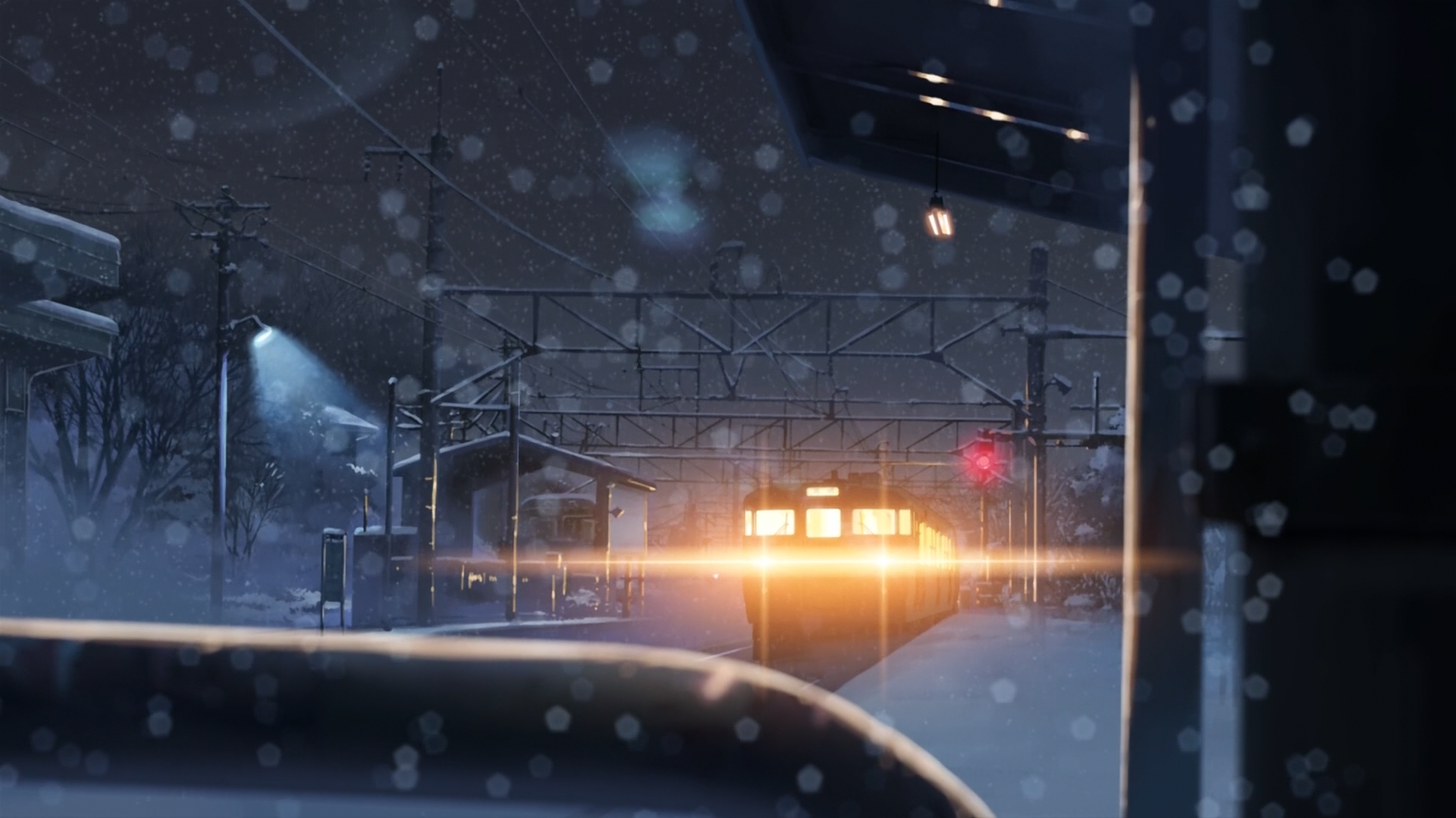 Anime 1920x1080 anime 5 Centimeters Per Second winter snow train lights night power lines bokeh