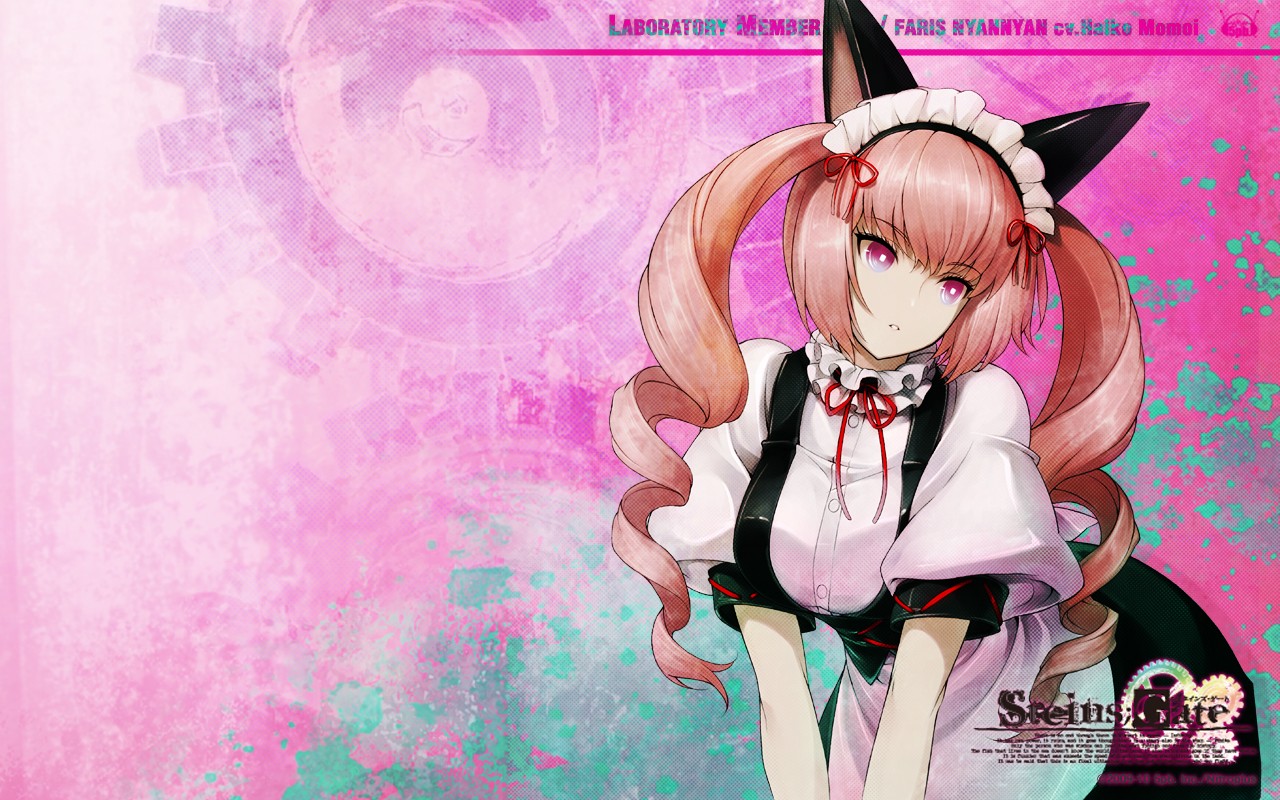 Anime 1280x800 anime anime girls Steins;Gate Faris Nyannyan long hair twintails animal ears pink eyes pink background