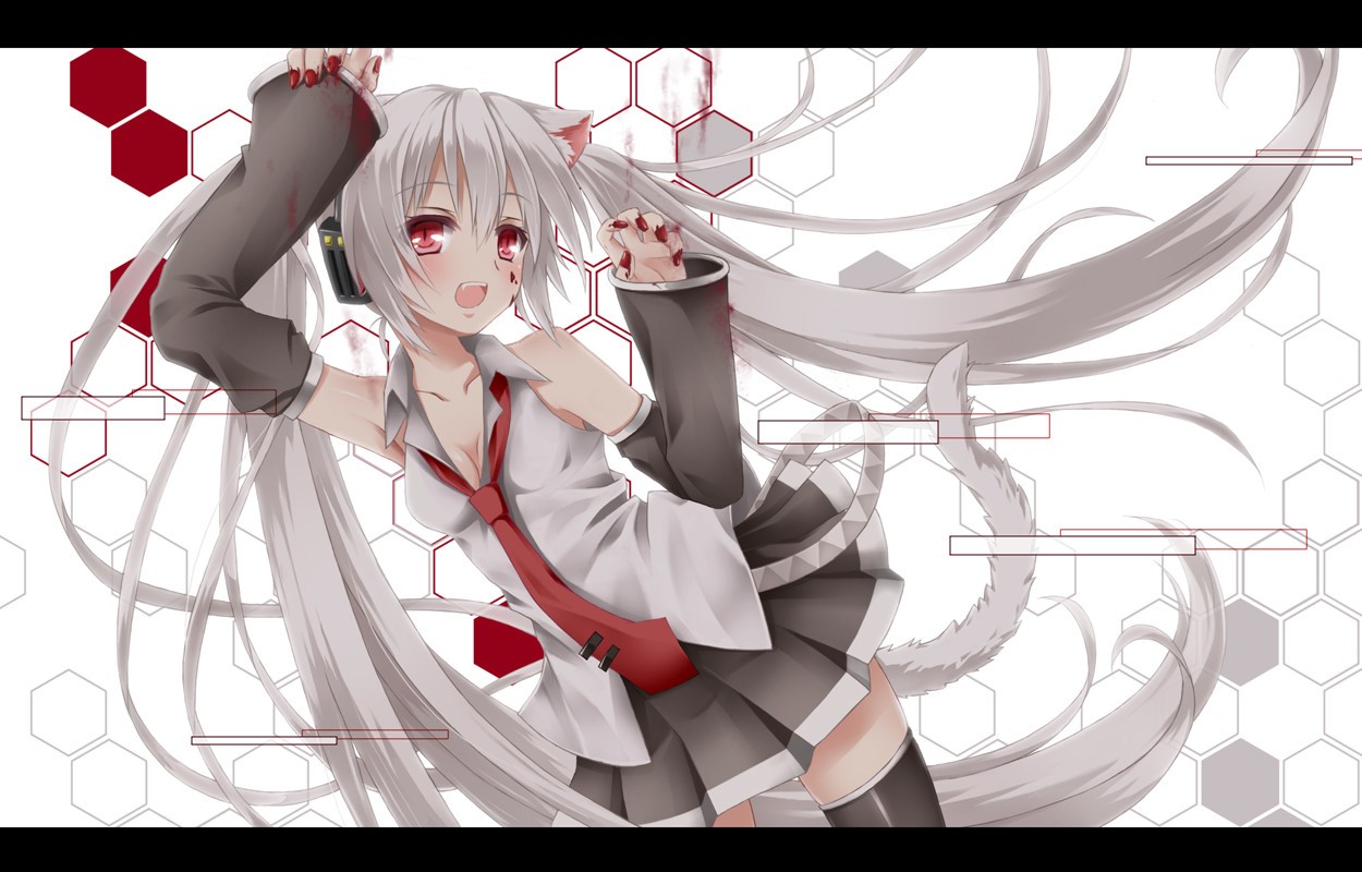 Anime 1250x800 anime anime girls Hatsune Miku cat girl detached sleeves red eyes open mouth arms up tie