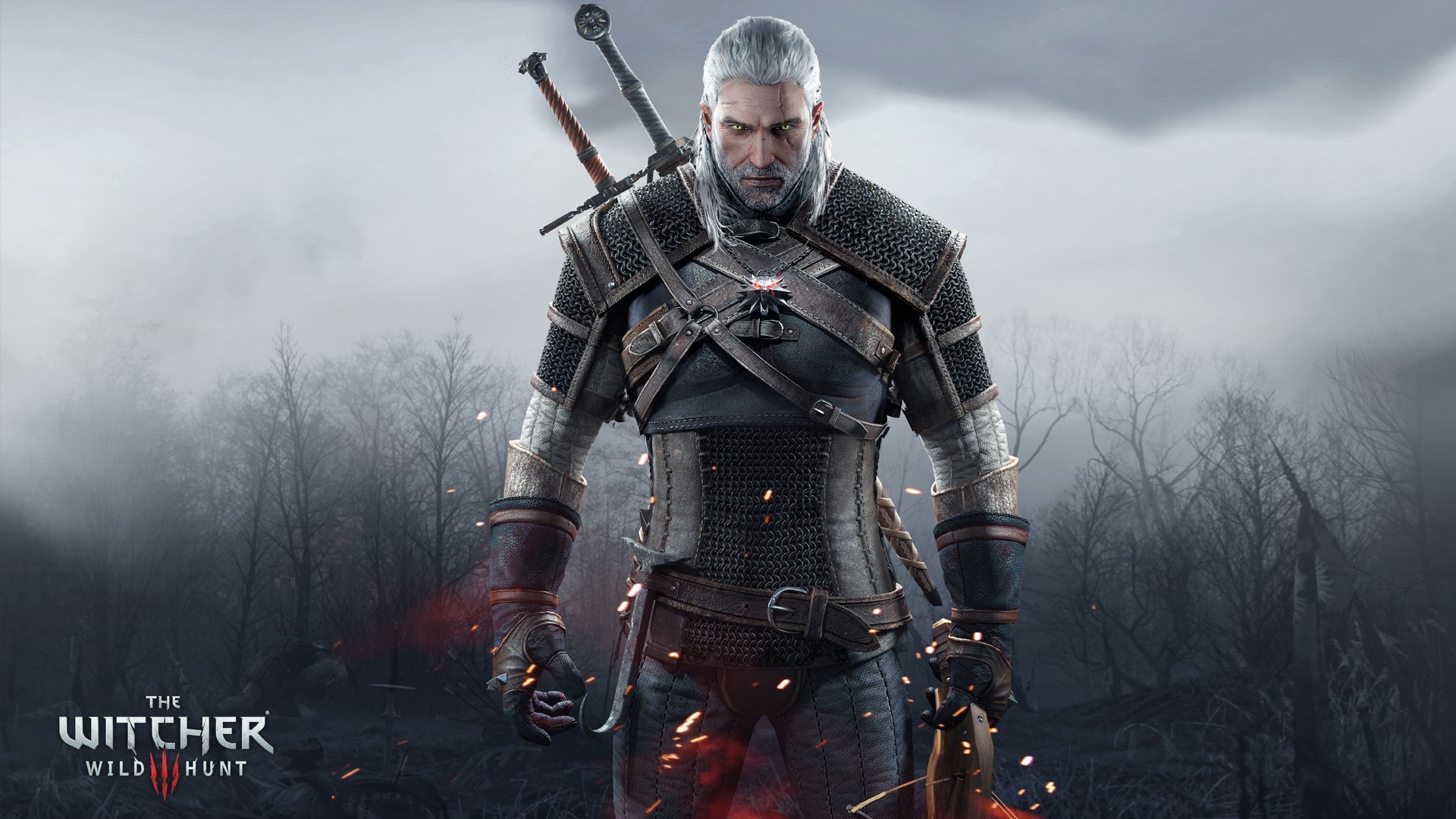 General 1920x1080 Geralt of Rivia The Witcher The Witcher 3: Wild Hunt frontal view video game men men fantasy men CD Projekt RED video game art PC gaming looking at viewer yellow eyes