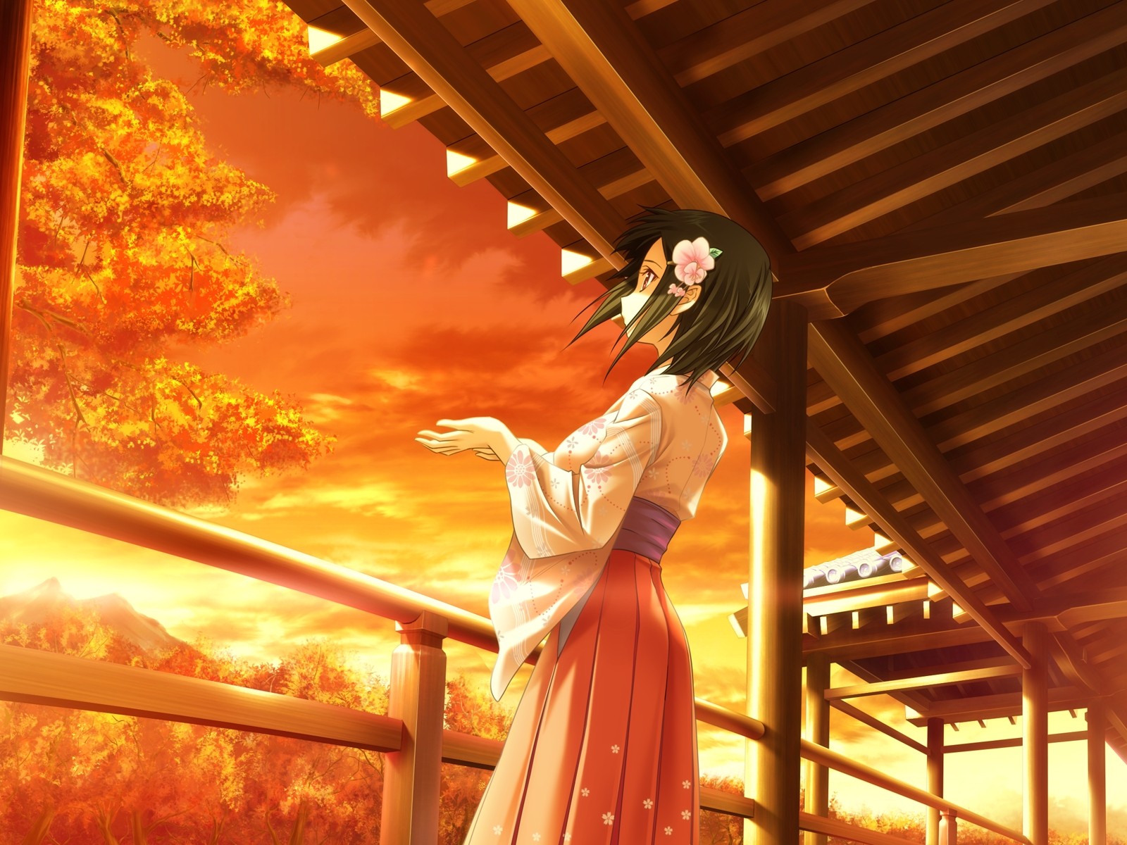 Anime 1600x1200 anime girls sunset kimono alone women low-angle looking into the distance