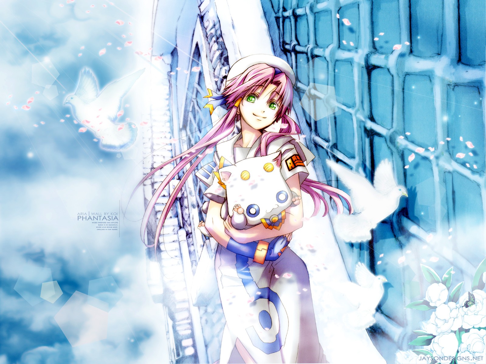 Anime 1600x1200 anime Aria anime girls dove green eyes pink hair looking at viewer standing smiling long hair