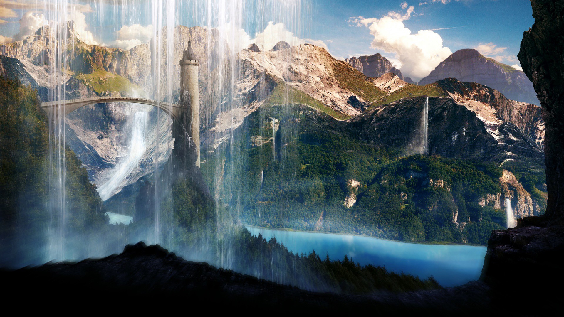 General 1920x1080 fantasy art digital art landscape tower mountains water