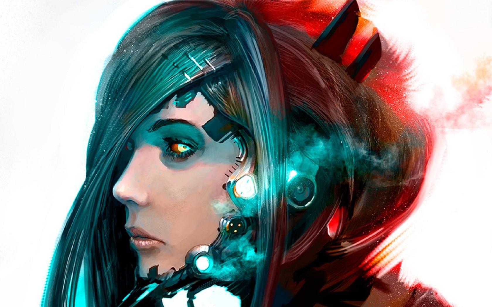 General 1680x1050 science fiction women cyborg artwork fantasy art robot concept art androids red turquoise cyan