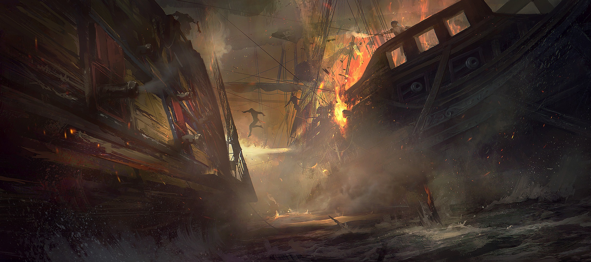 General 2428x1080 fantasy art artwork pirates ship naval battles battle vehicle fire burning sailing ship