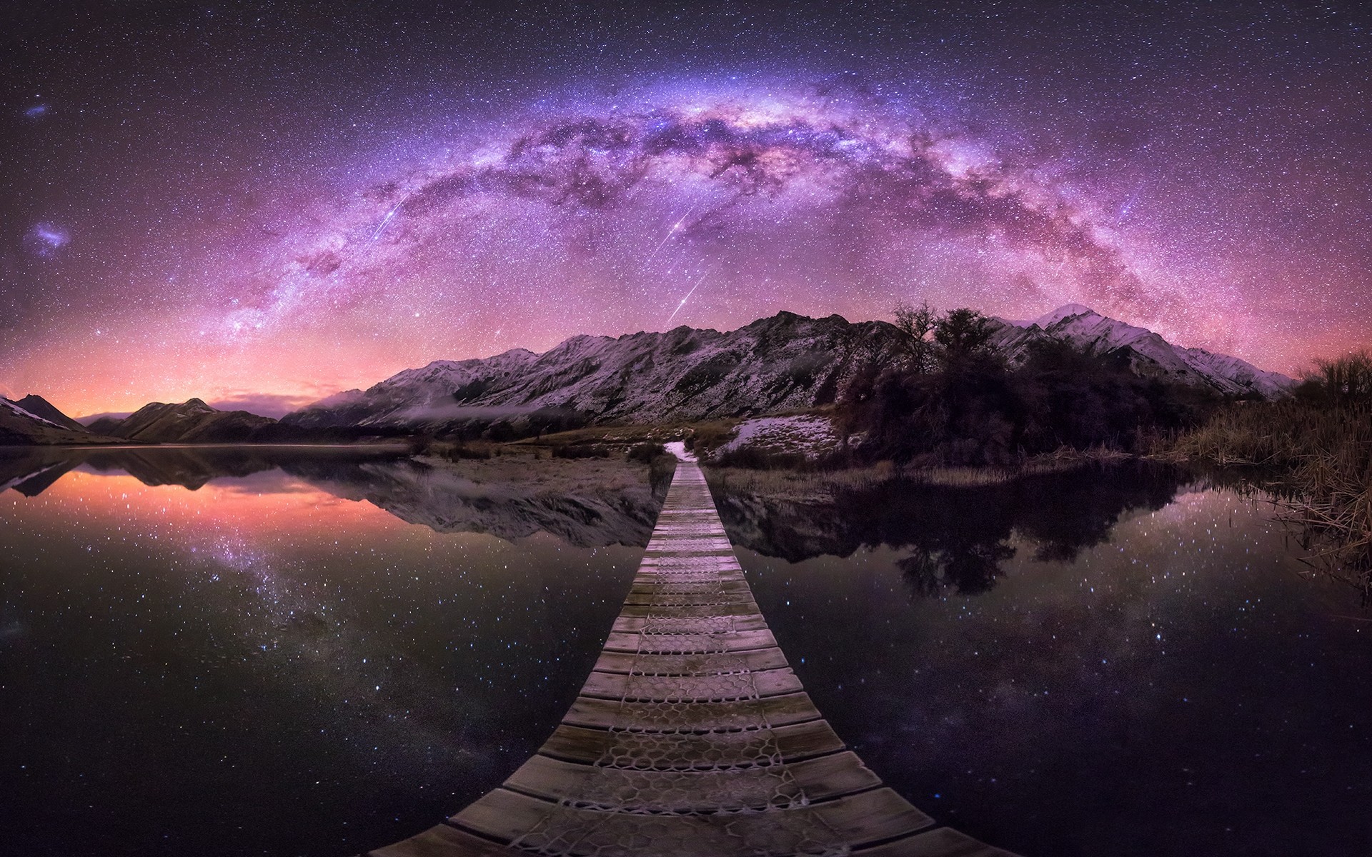 General 1920x1200 nature landscape New Zealand lake mountains Milky Way long exposure walkway starry night reflection shrubs low light