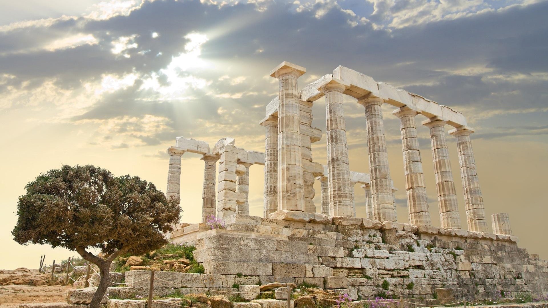 General 1920x1080 Temple of Poseidon ancient Athens pillar stones sun rays ruins history