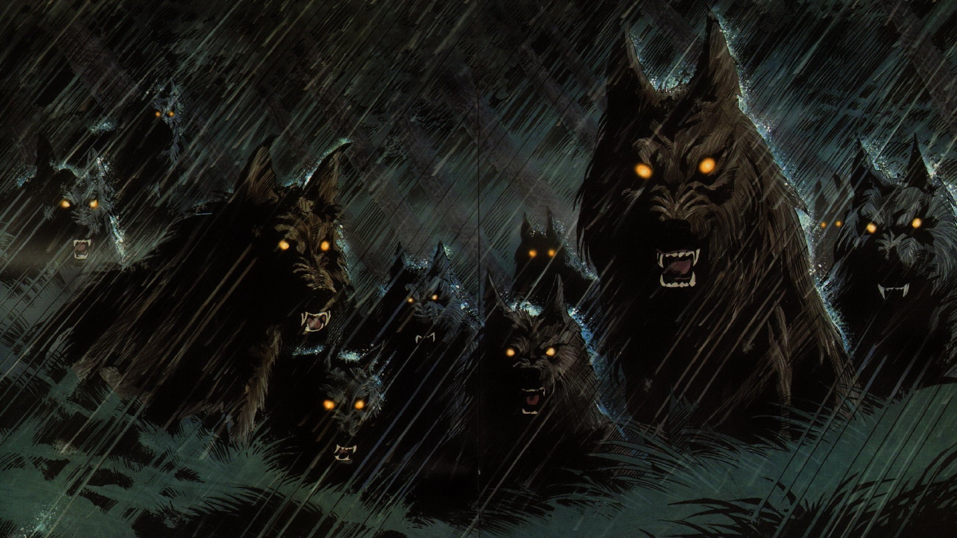 General 1920x1080 fantasy art artwork wolf dog creature glowing eyes rain storm fangs animals mammals