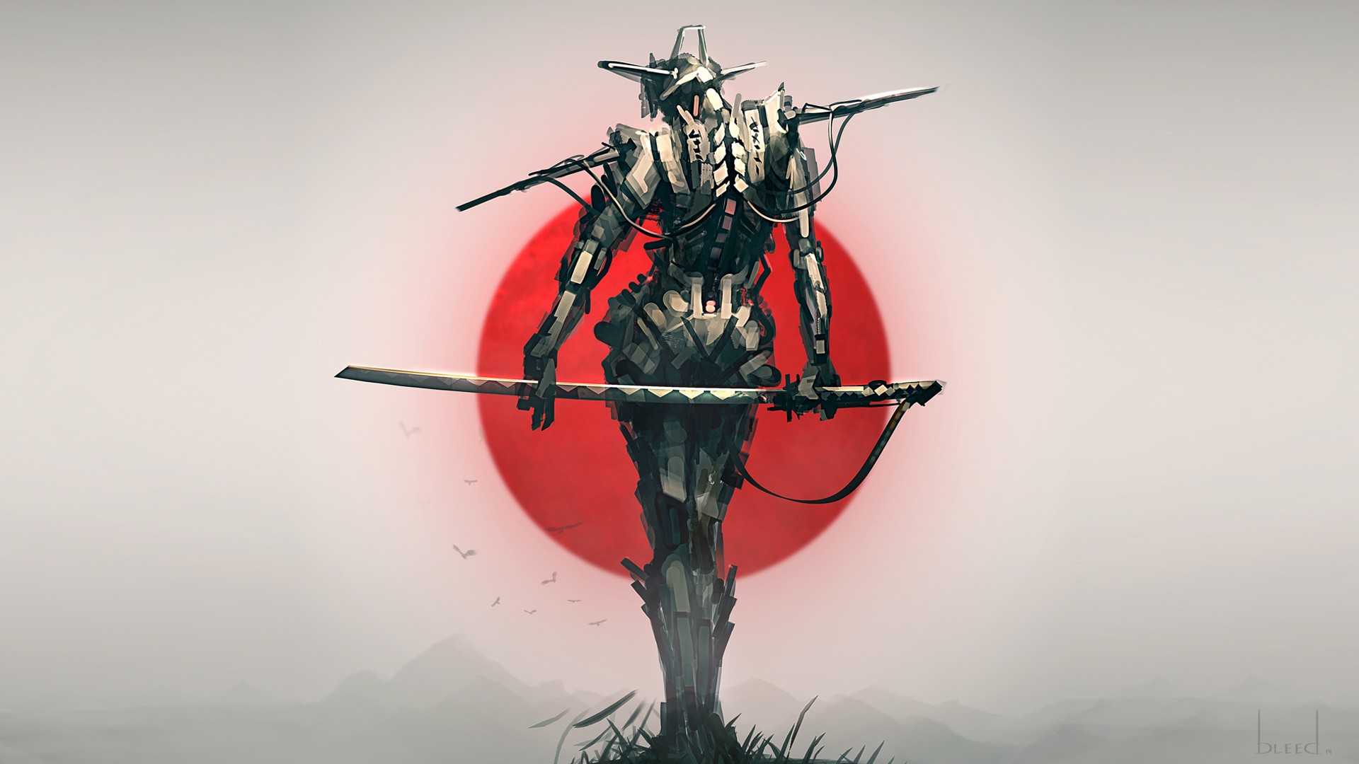 General 1920x1080 Japan samurai warrior sword fantasy art simple background Sun katana