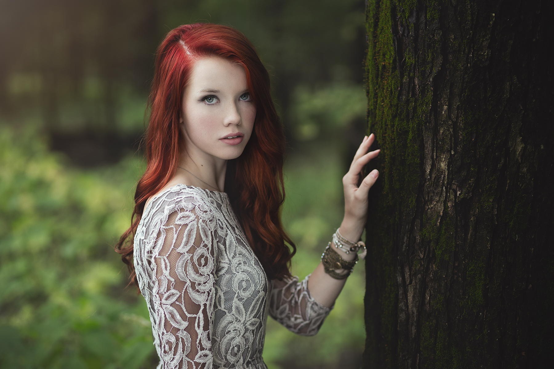 People 1800x1200 sensual gaze women model redhead long hair looking at viewer women outdoors see-through clothing white dress nature trees moss outdoors makeup dyed hair
