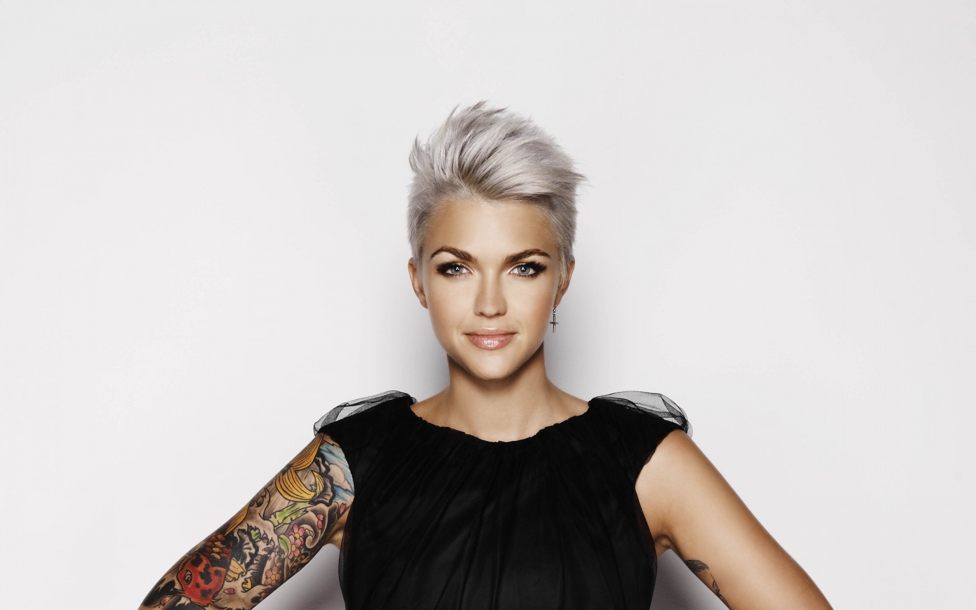 People 1920x1200 Ruby Rose (actress) tattoo simple background women actress model white background dyed hair makeup looking at viewer women indoors indoors inked girls