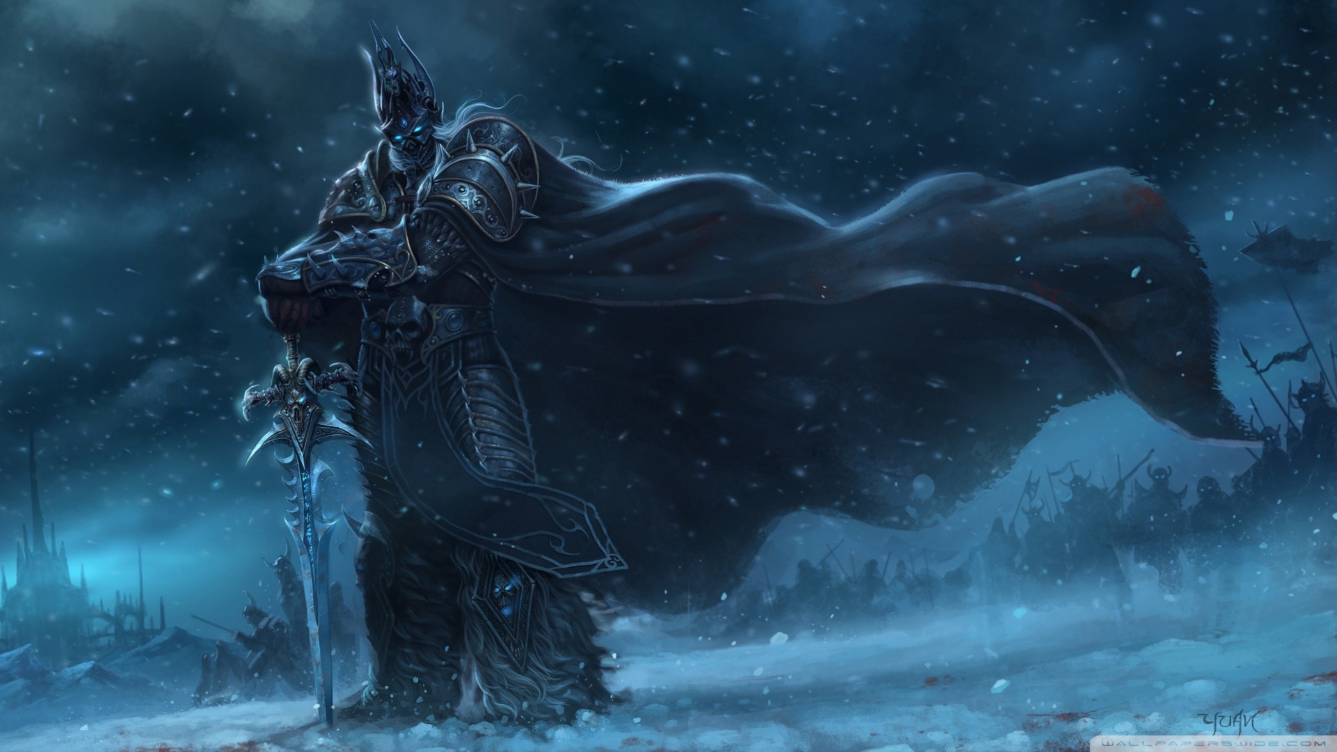 General 1920x1080 World of Warcraft Arthas Menethil video games World of Warcraft: Wrath of the Lich King PC gaming video game art aqua eyes sword cape ice cold winter snow fantasy art