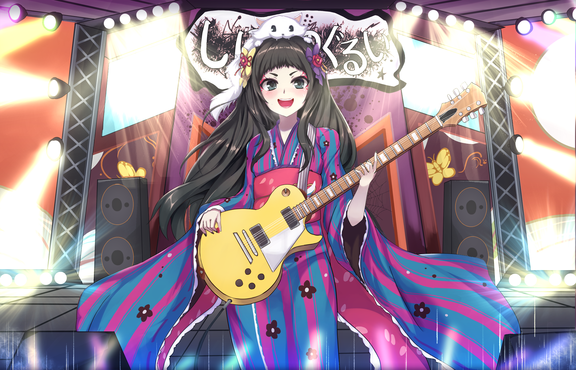 Anime 2000x1286 anime girls kimono guitar yukata Show By Rock!! LLLthika musical instrument dark hair open mouth music long hair