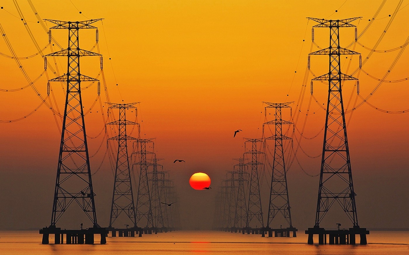 General 1400x875 lake birds power lines flying electricity tower red orange mist yellow South Korea utility pole Asia pylon