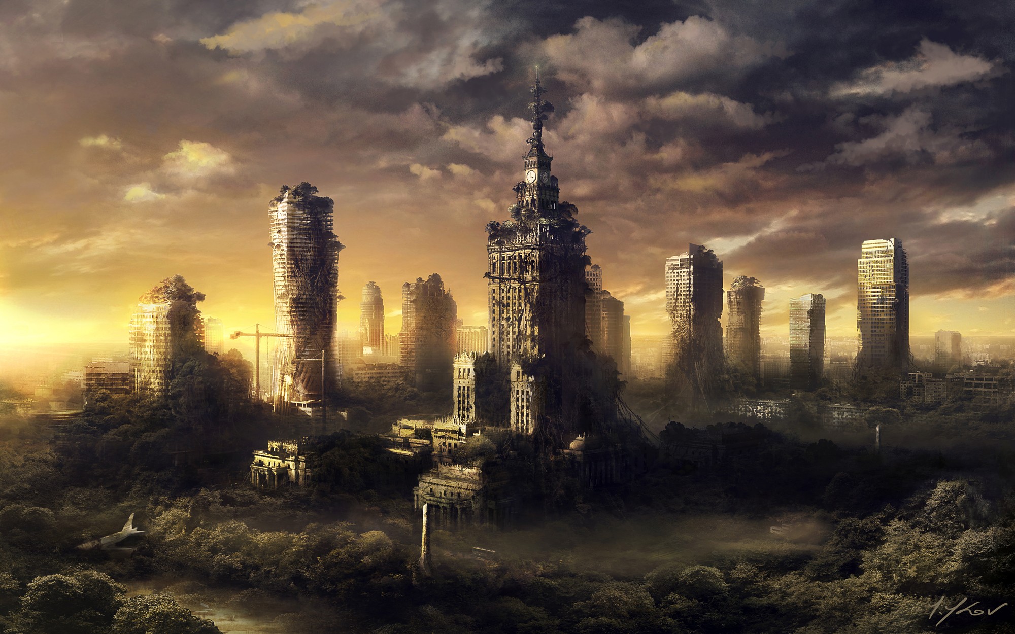 General 2000x1250 Warsaw apocalyptic futuristic digital art Palace of Culture and Science cityscape sky ruins