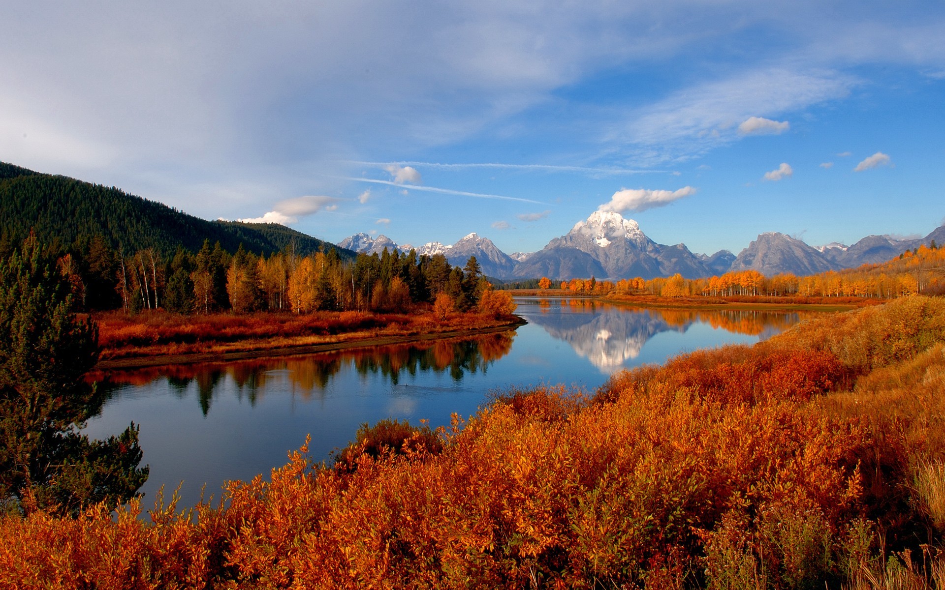 General 1920x1200 river nature mountains landscape snowy peak fall trees plants snowy mountain red leaves