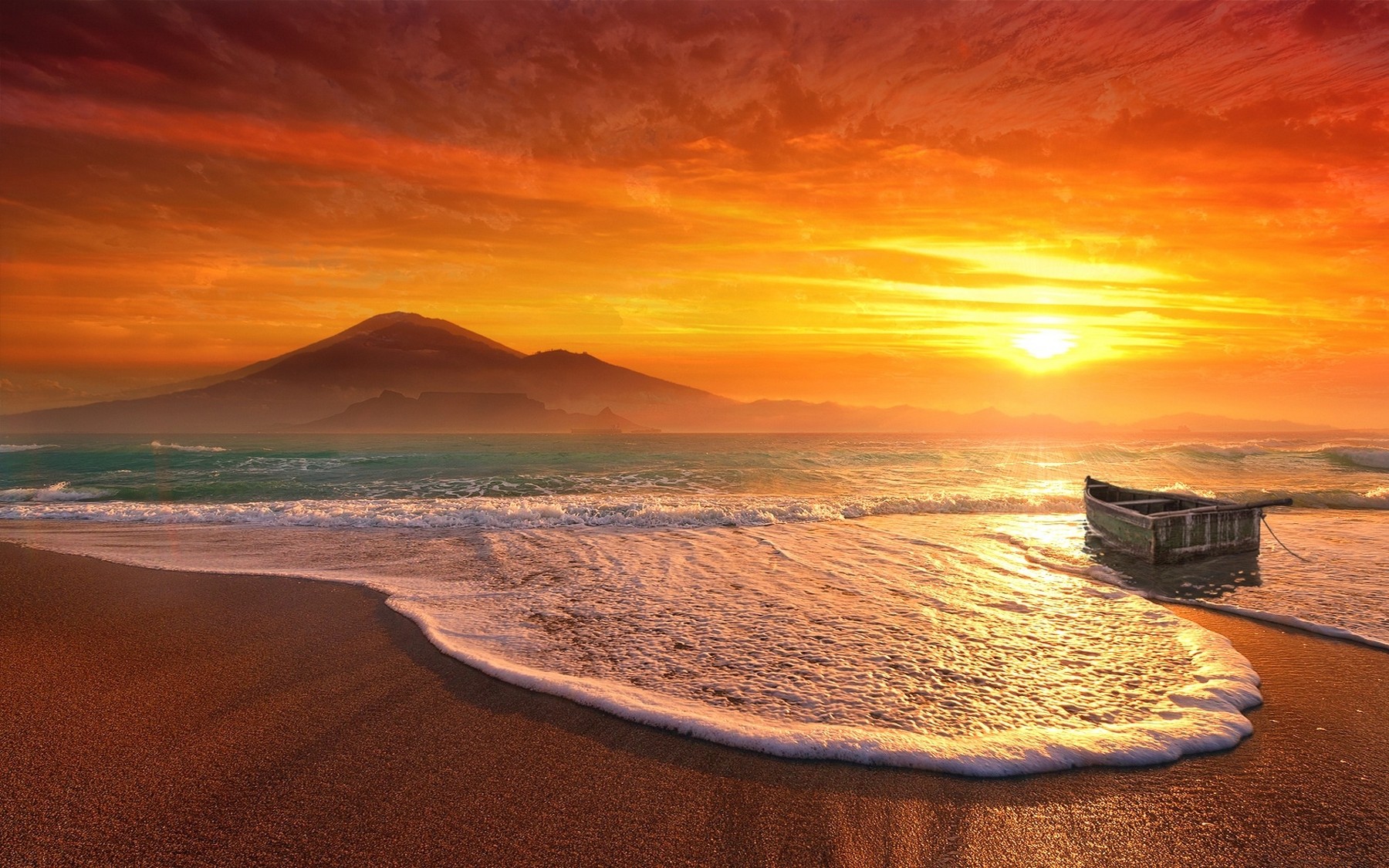 General 1800x1125 beach sunset mountains mist sea nature sand sky clouds yellow boat waves red landscape