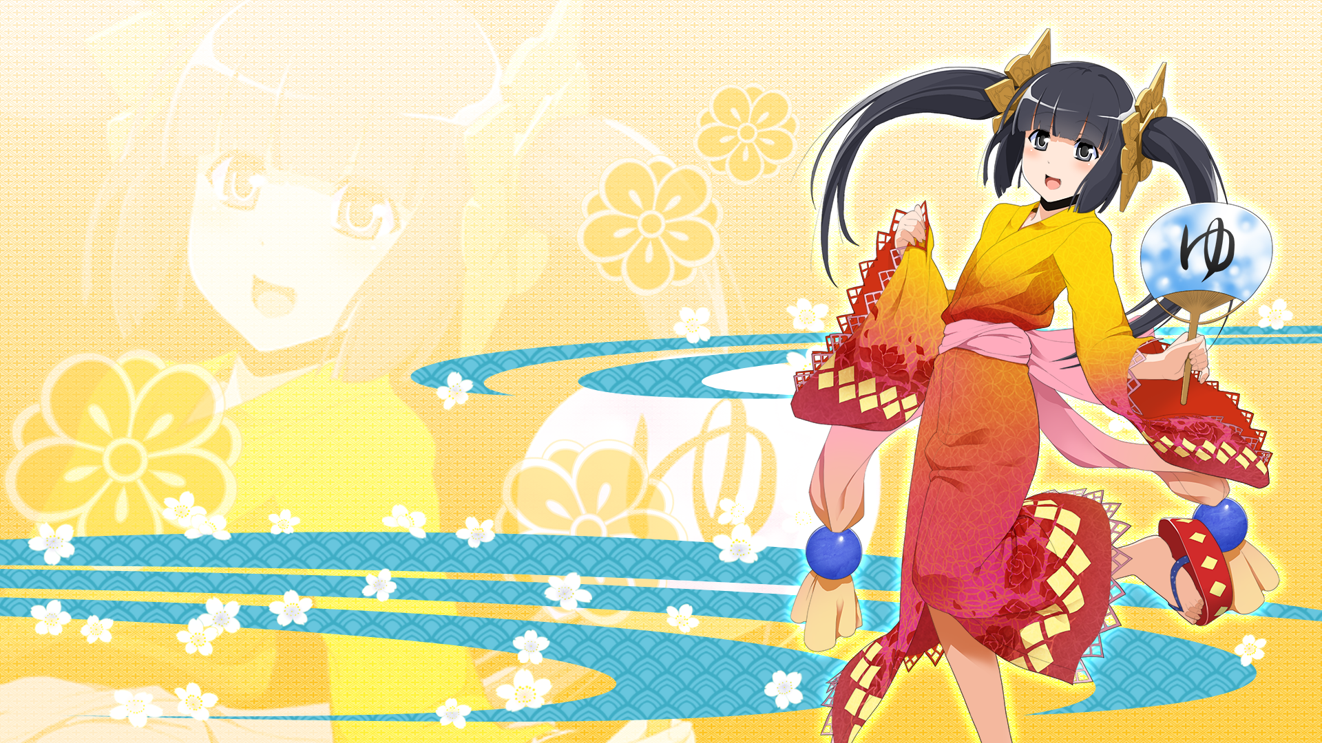 Anime 1920x1080 Onigirl anime anime girls dark hair long hair colorful dress yellow background open mouth