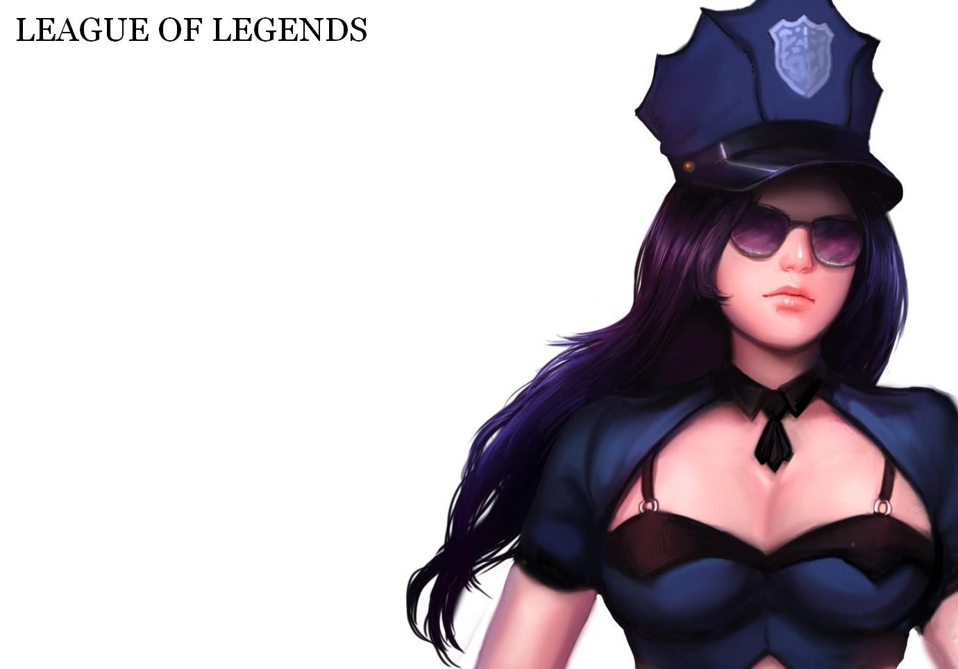 General 1380x965 League of Legends Caitlyn (League of Legends) PC gaming video game art video game girls hat sunglasses purple hair long hair simple background white background