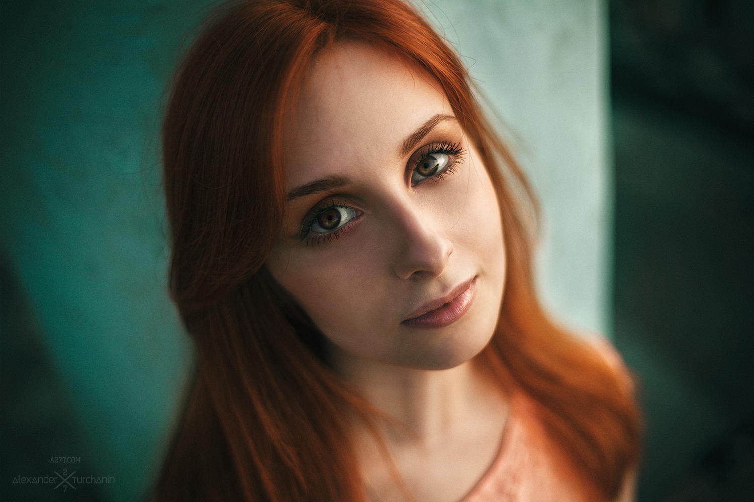 People 1500x1000 women face portrait redhead looking at viewer green background long hair closeup Alexander Turchanin