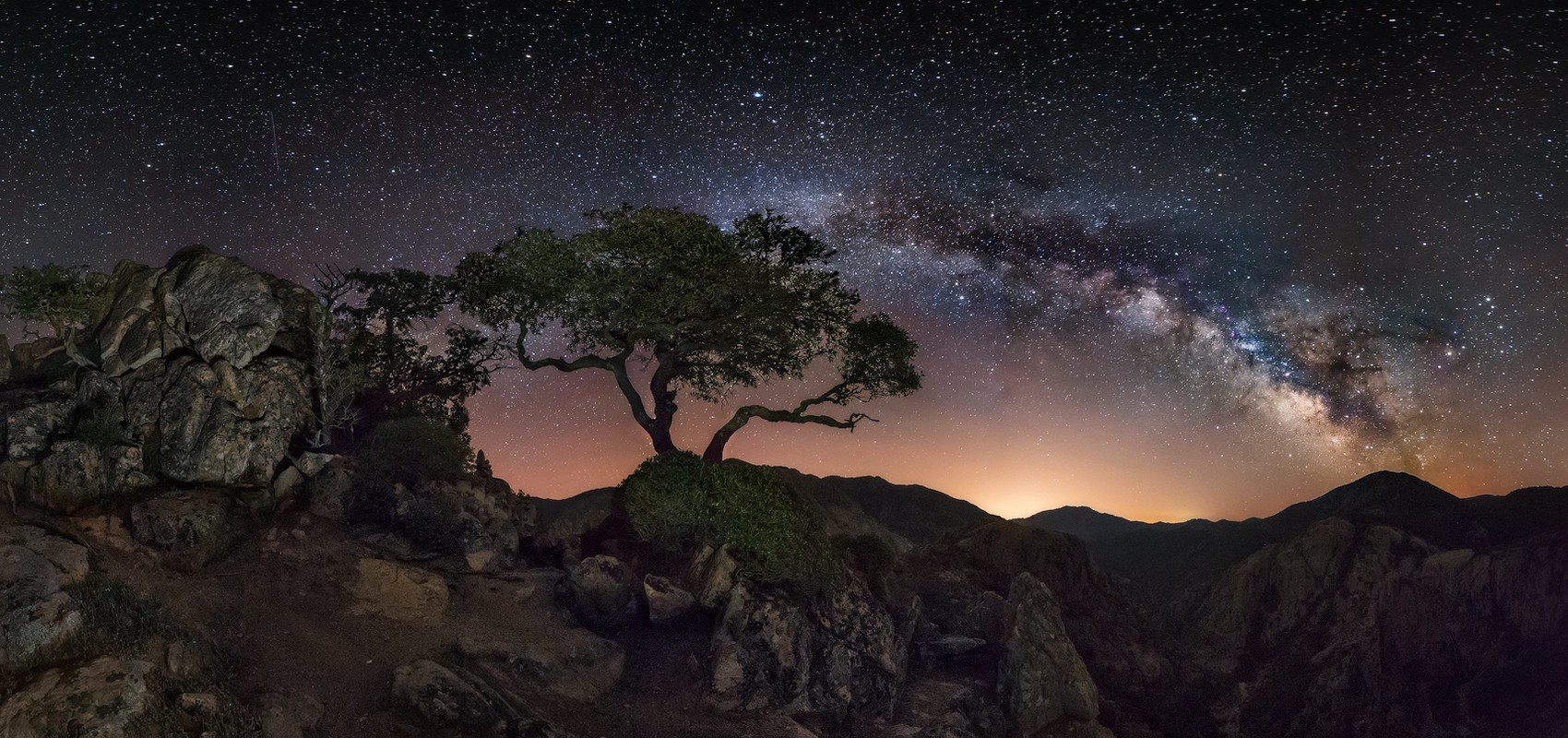 General 1700x800 nature landscape starry night Milky Way trees mountains lights long exposure space rocks stars
