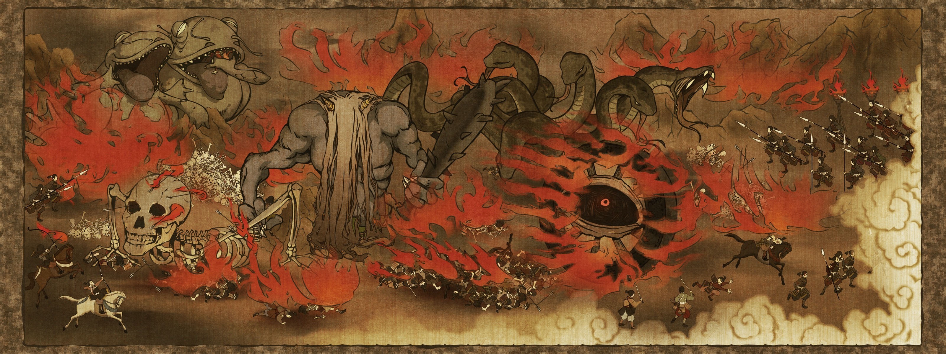 General 3202x1200 Japanese mythology snake artwork surreal skull bones fire