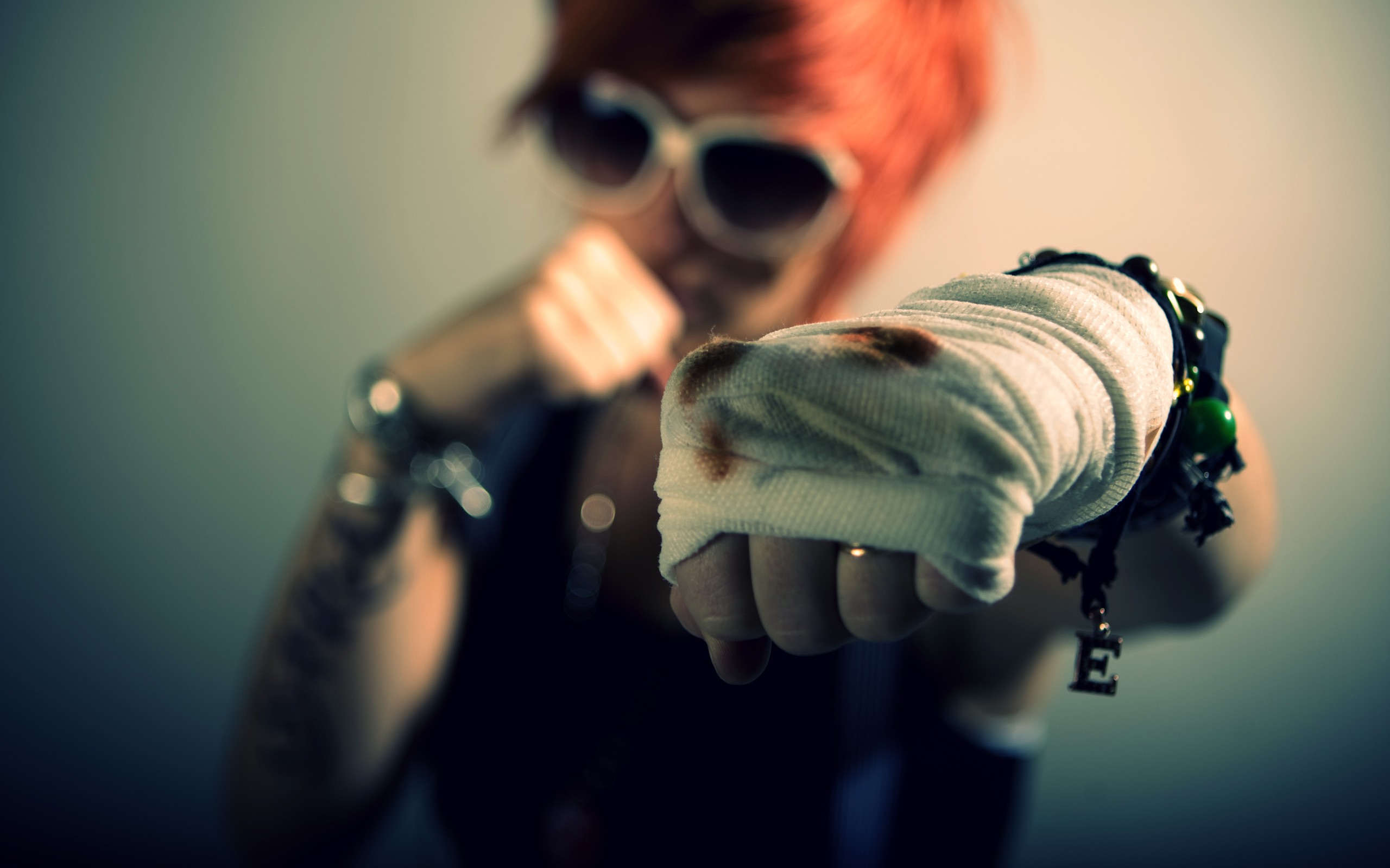 People 2560x1600 redhead women boxing women with glasses sunglasses bracelets depth of field fist frontal view simple background cropped