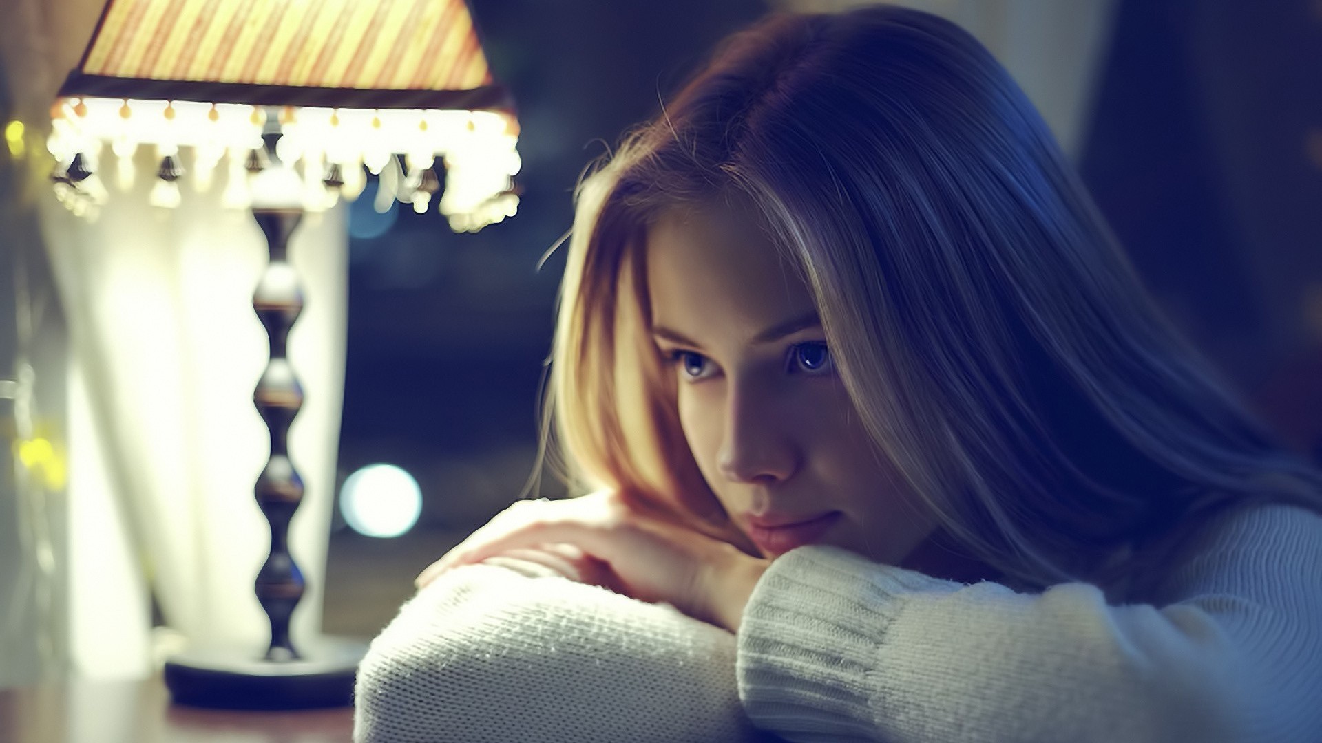 People 1920x1080 women Ksenia Taygind portrait blonde looking into the distance blue eyes thinking women indoors indoors 500px young women closeup white sweater face artificial lights long hair straight hair lamp arms crossed model closed mouth looking away Russian Russian women sweater