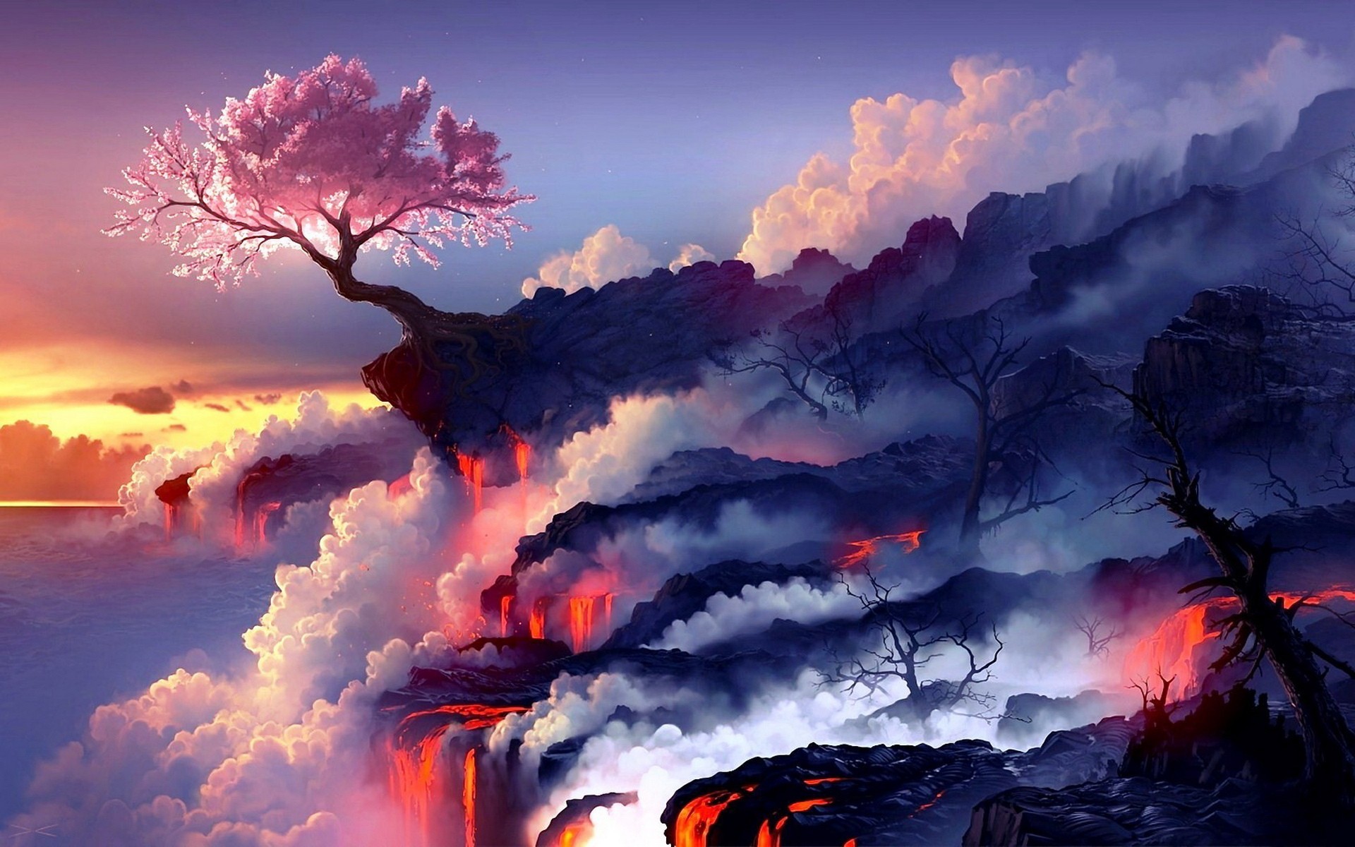 General 1920x1200 digital art cherry blossom fantasy art lava nature landscape artwork