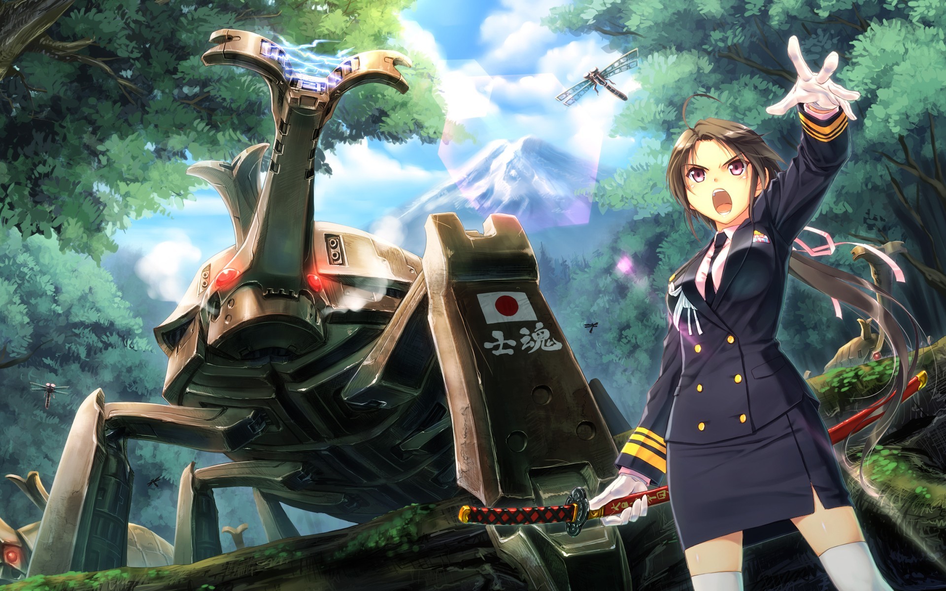 Anime 1920x1200 insect mechs dragonflies Japan anime girls anime digital art open mouth gloves white gloves katana women with swords sky clouds sunlight mountains long hair looking away standing ahoge trees forest uniform