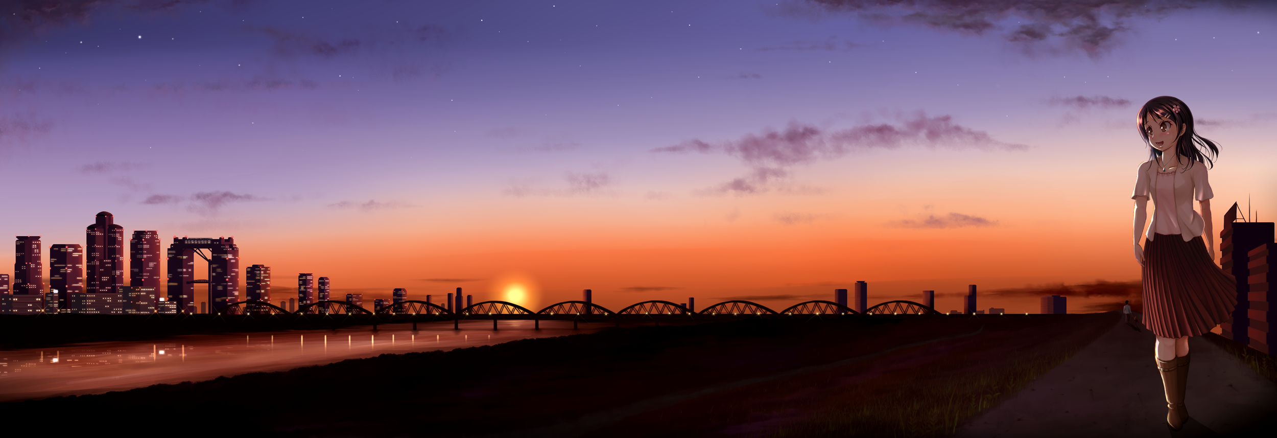 Anime 2500x857 sunset city bridge anime girls cityscape