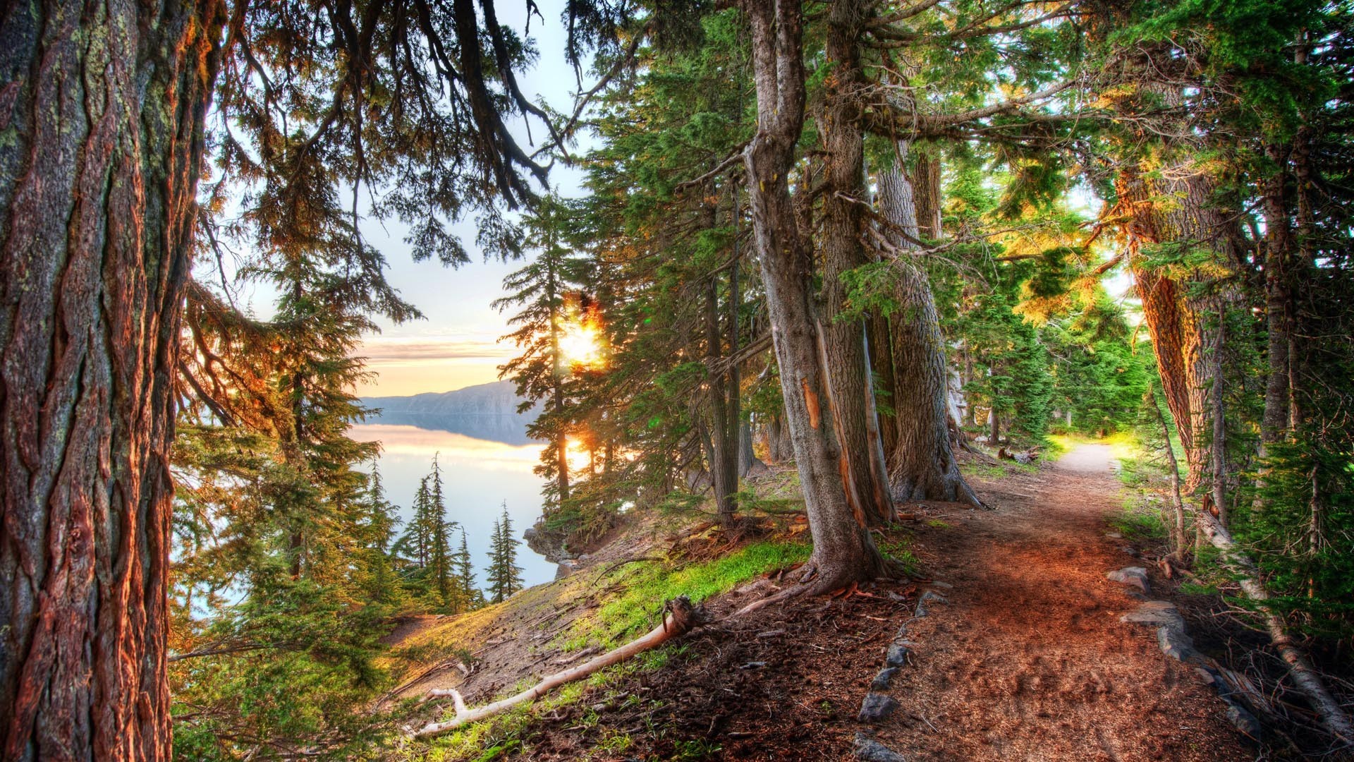 General 1920x1080 nature HDR landscape lake trees forest path dirt road sunlight crater lake