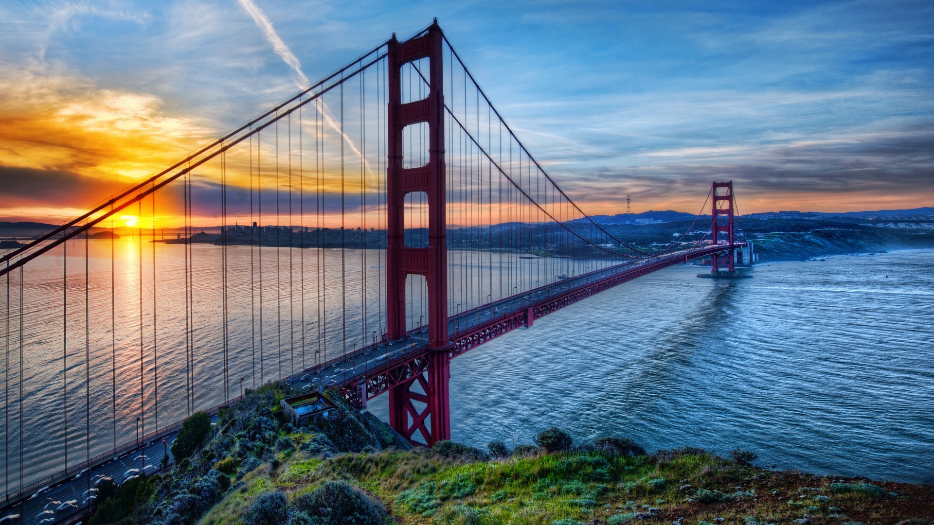General 1920x1080 HDR bridge sunset sea Golden Gate Bridge USA sky suspension bridge