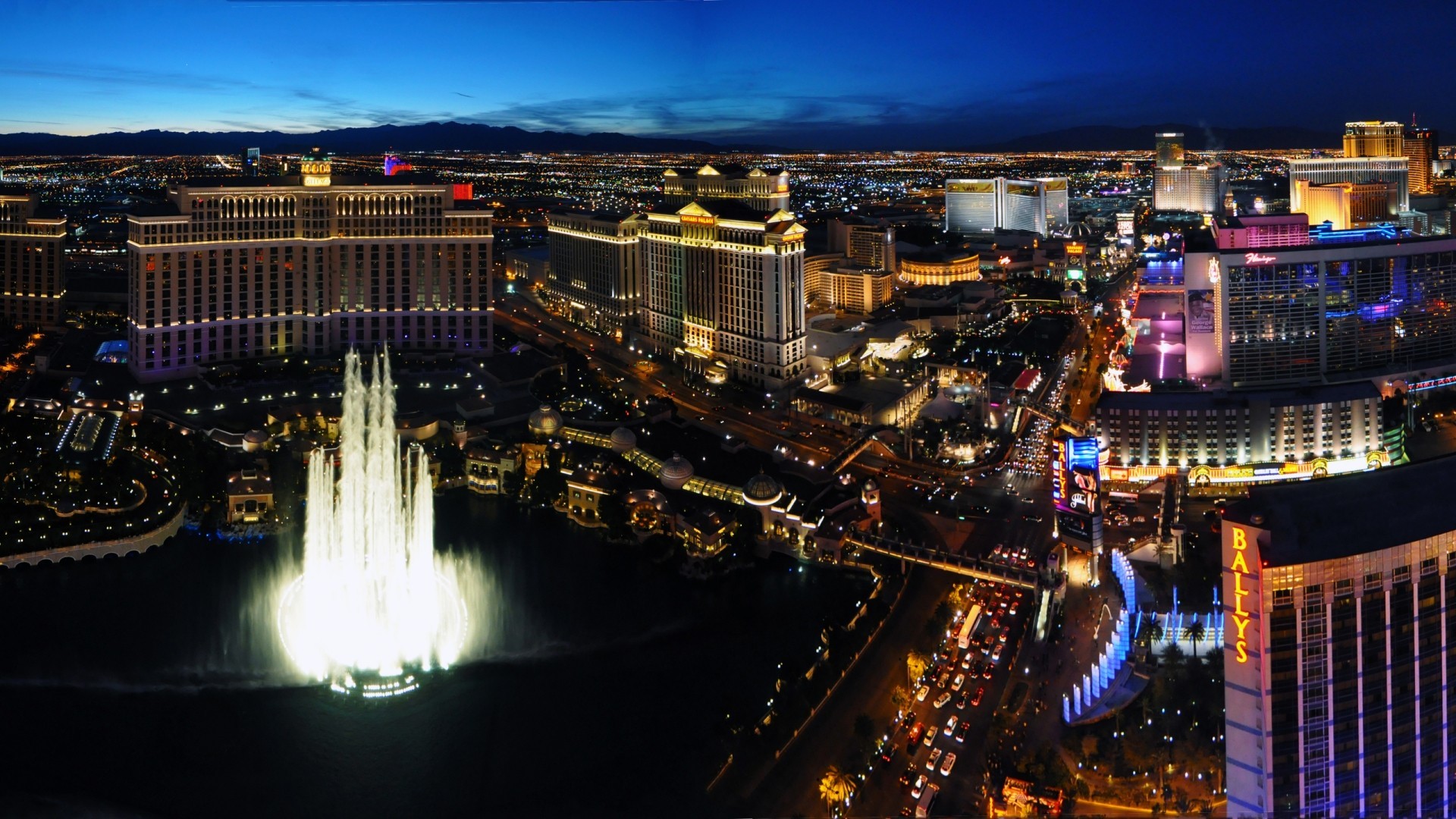 General 1920x1080 city Las Vegas cityscape lights fountain hotel traffic USA night Linux
