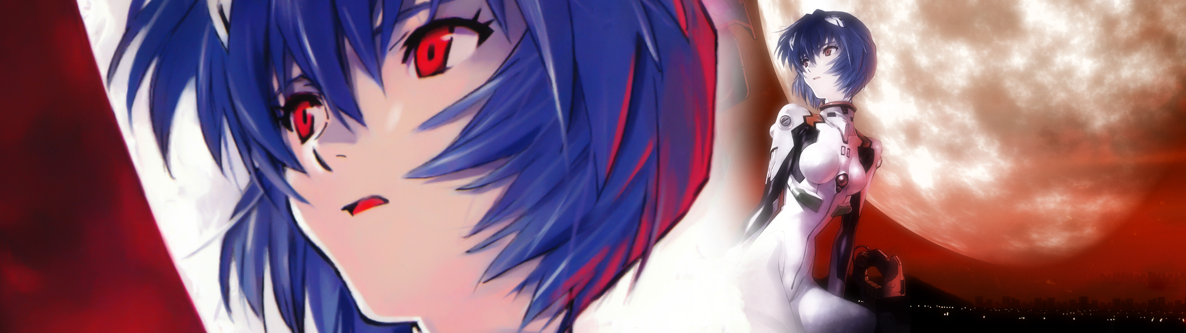 Anime 3840x1080 Ayanami Rei Neon Genesis Evangelion Moon face anime girls sitting red eyes blue hair plugsuit anime
