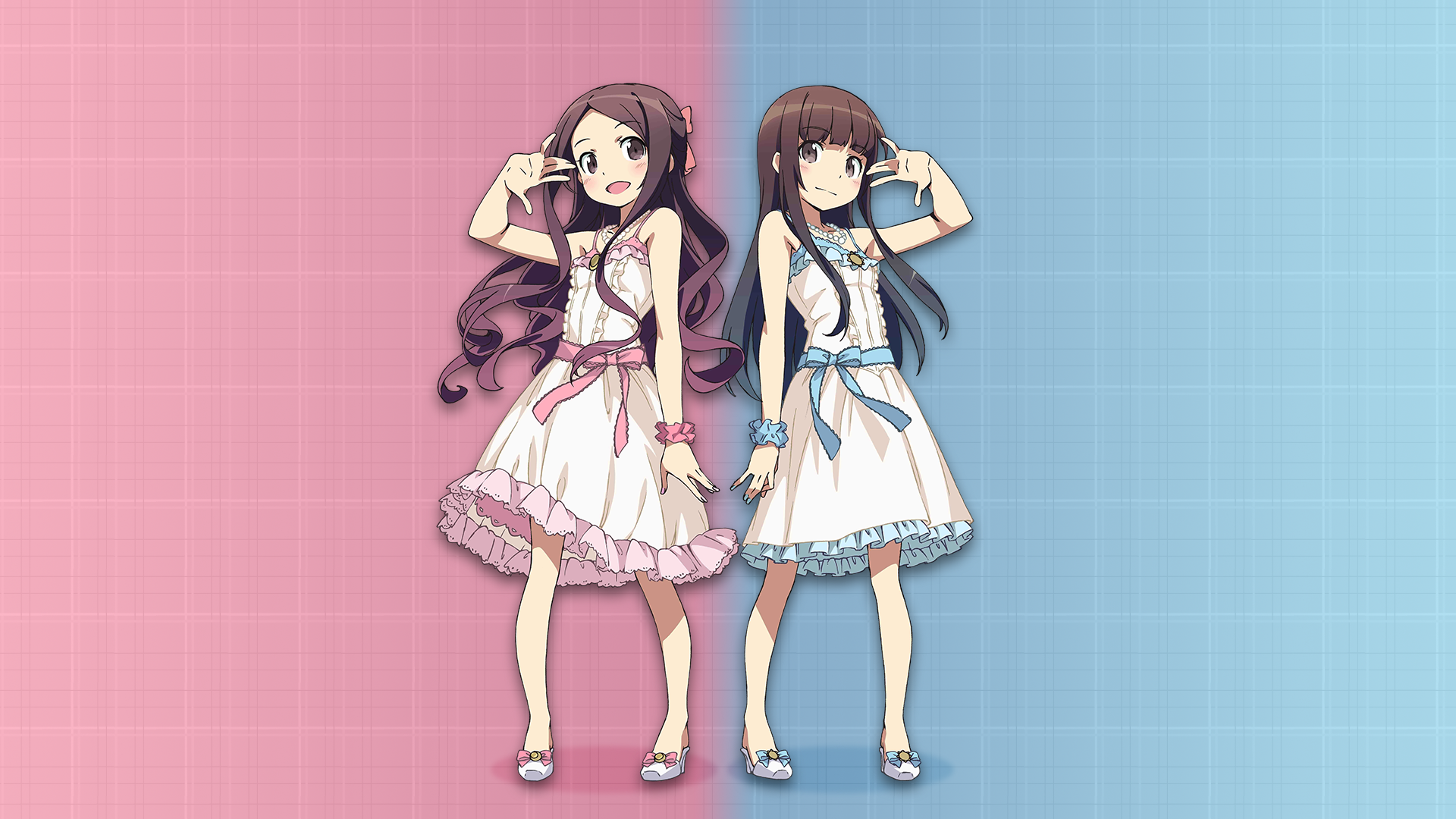 Anime 1920x1080 anime anime girls gradient Scope10 ClariS simple background pink background cyan background two women long hair dress Ding brown eyes standing hand gesture looking at viewer