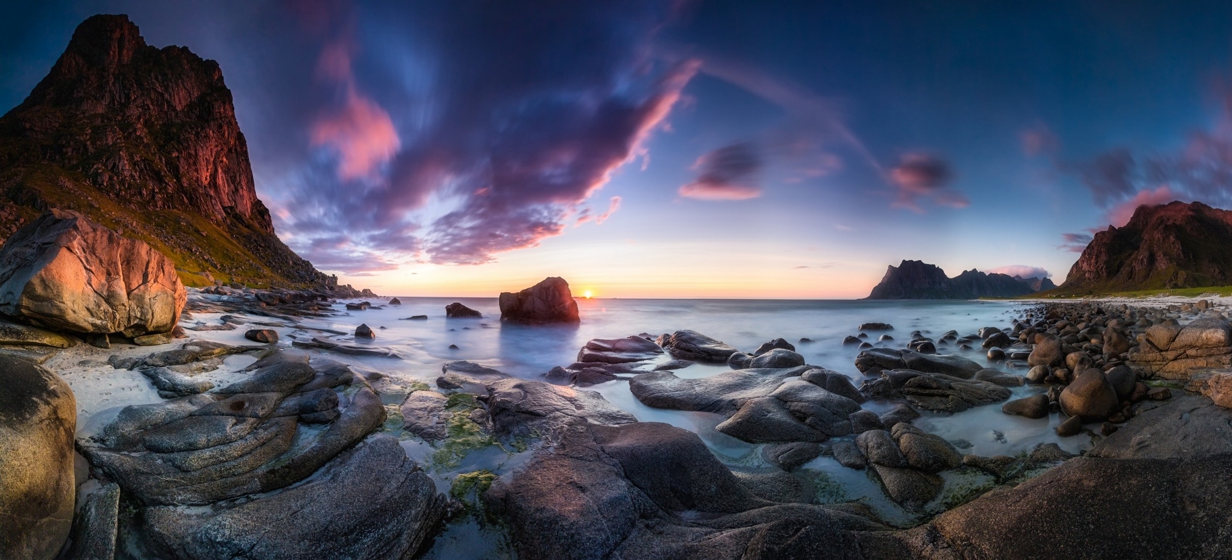 General 2500x1137 long exposure sunset beach cliff clouds rocks sea Norway nature landscape yellow blue coast