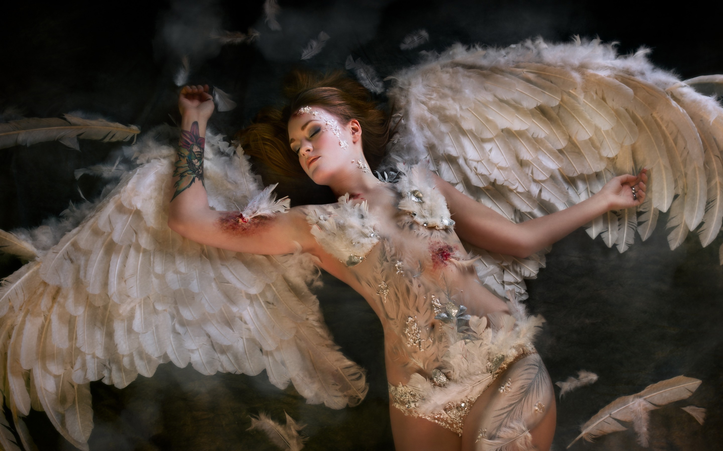 People 2880x1800 angel wings women model blood wounds dead inked girls fantasy girl lying down death