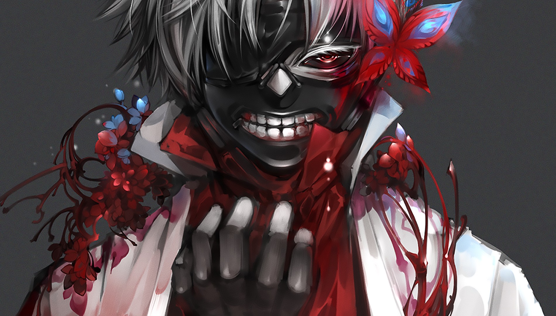 Anime 1900x1080 Tokyo Ghoul Kaneki Ken anime gray background mask red eyes