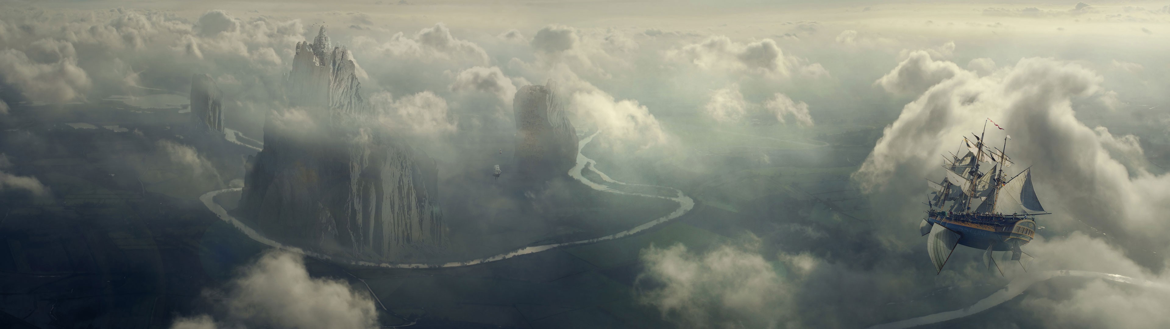 General 3840x1080 airships digital art artwork fantasy art clouds landscape vehicle